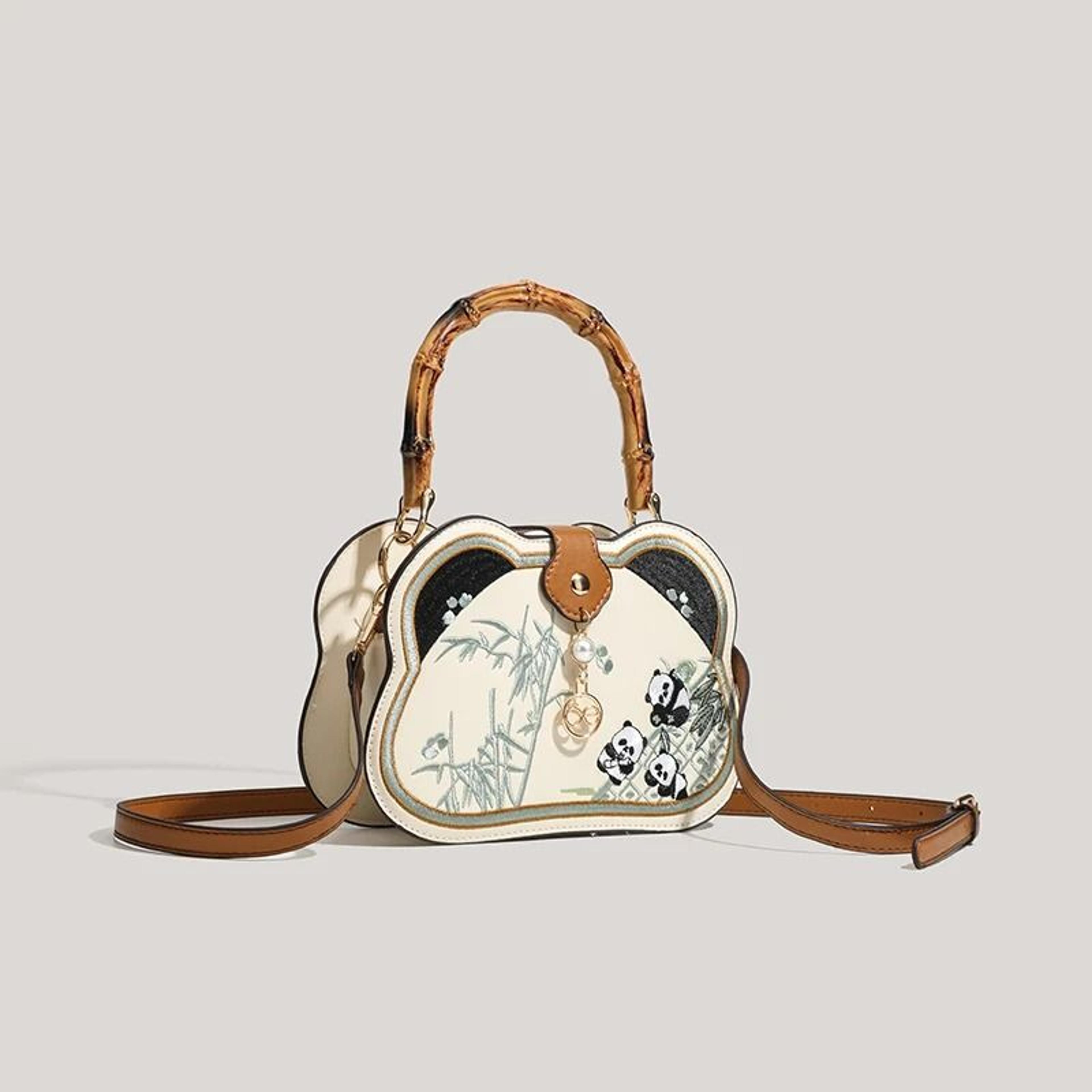 chinese style panda head crossbody bag with bamboo joint handle