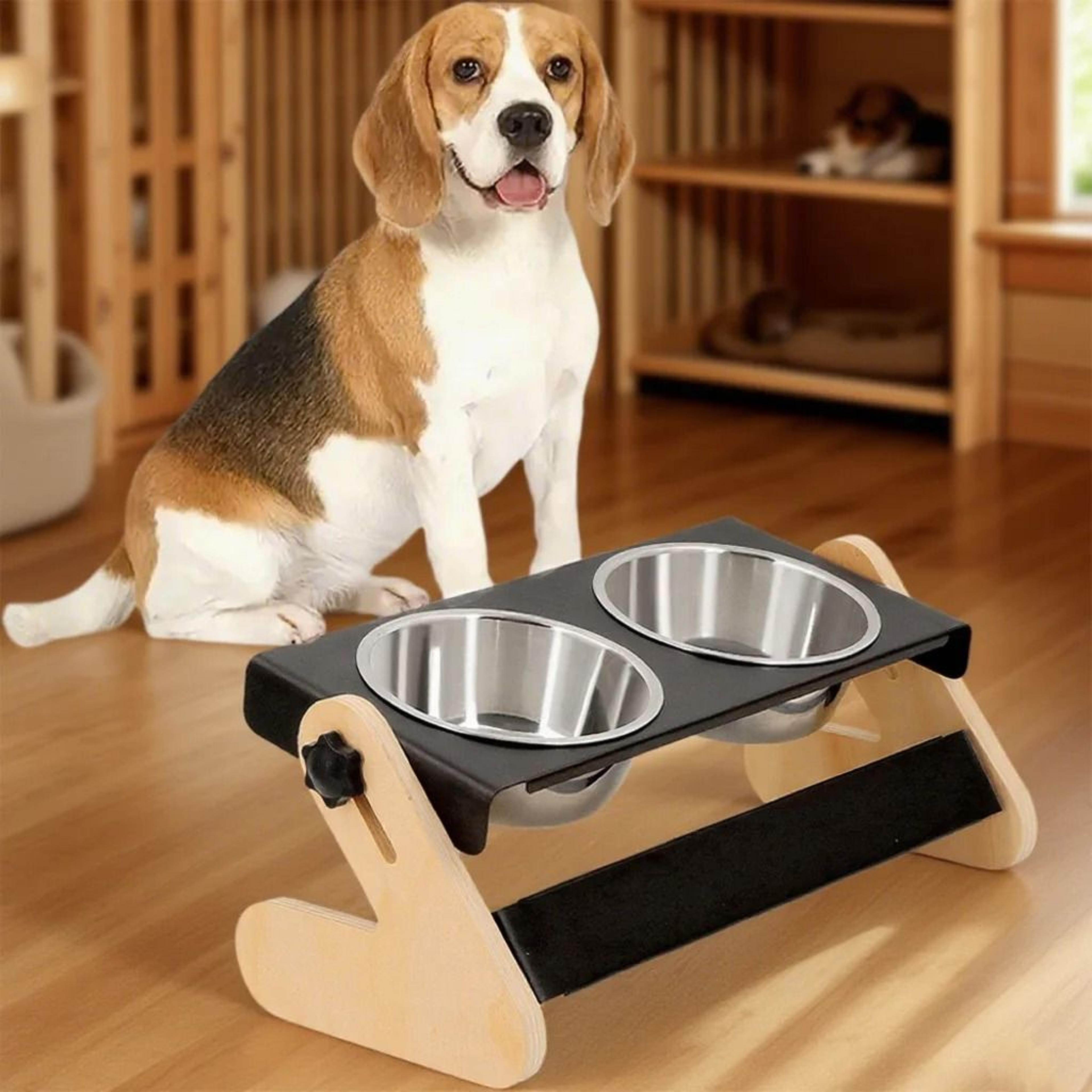 elevated industrial iron and wood pet feeder