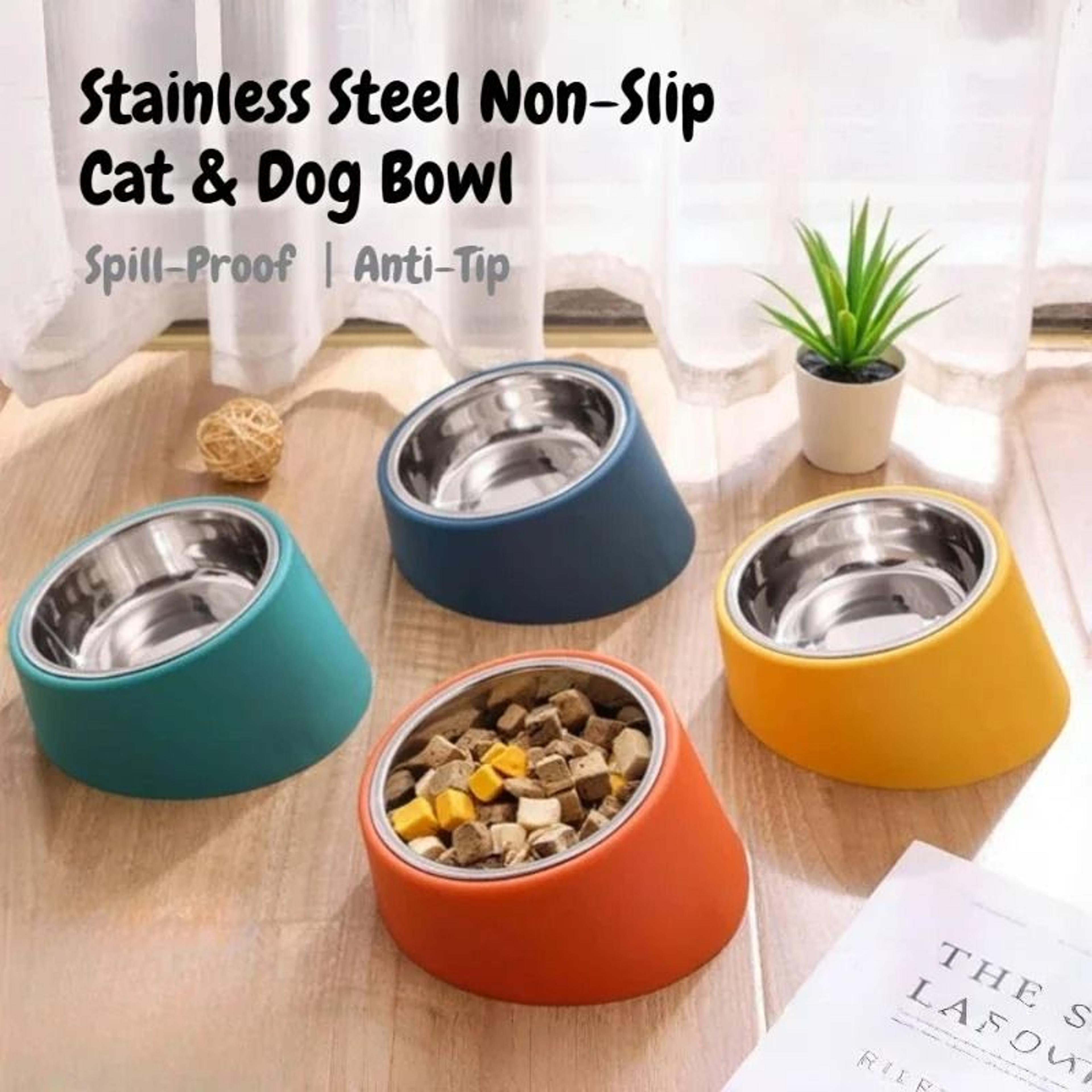professional angled stainless steel anti-tip pet bowl