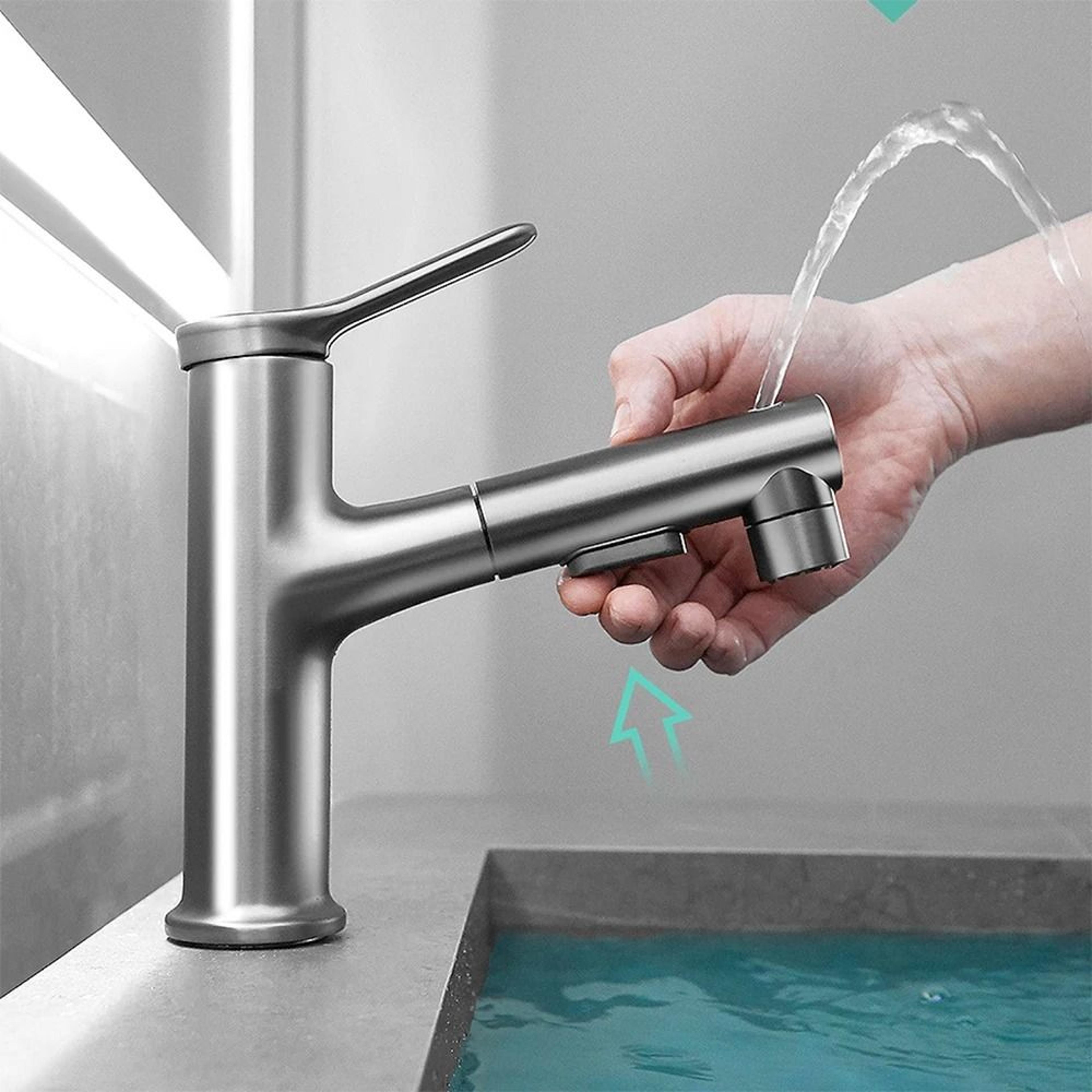 modern pull out bathroom sink faucet with dual mode sprayer