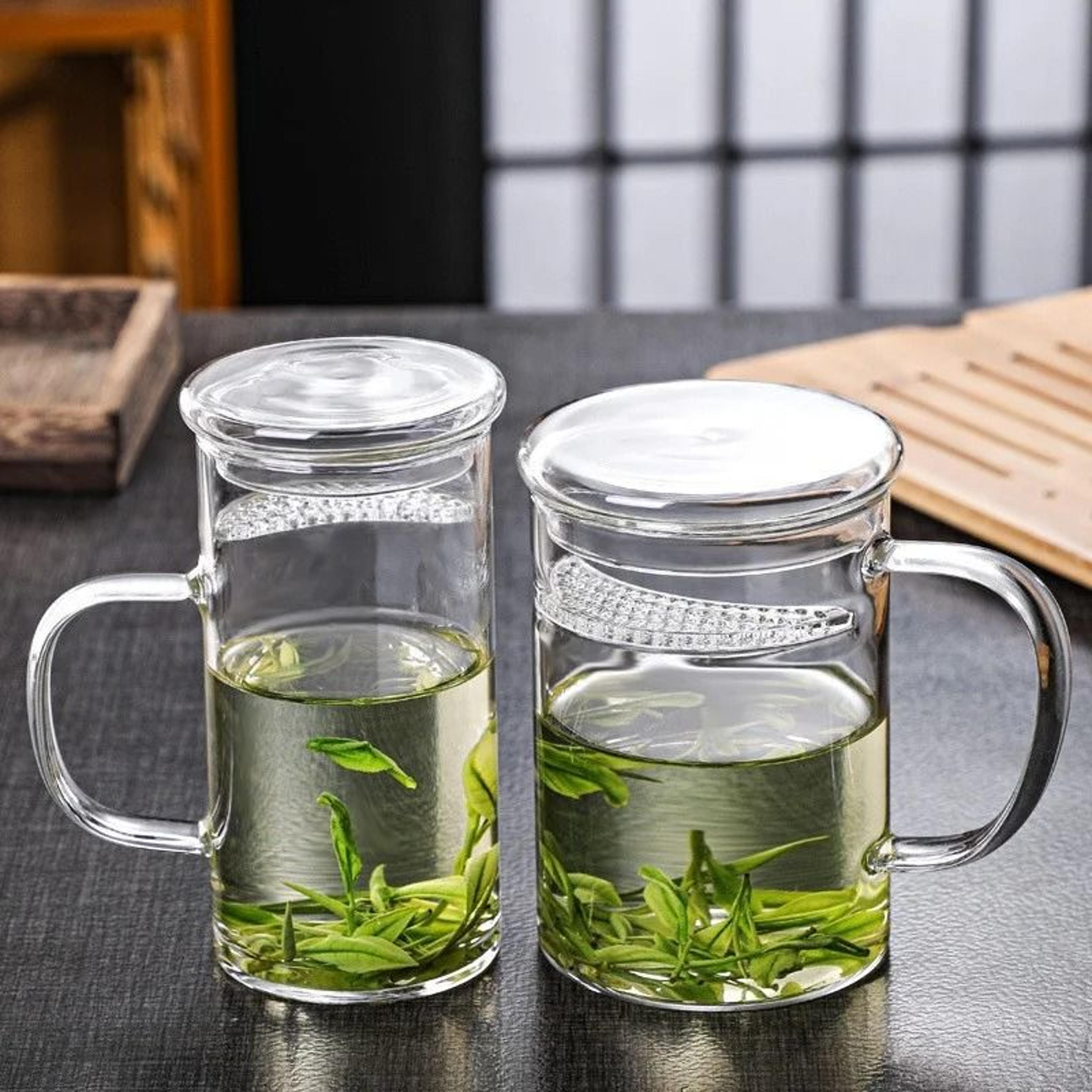 heat resistant glass green tea mug with crescent filter