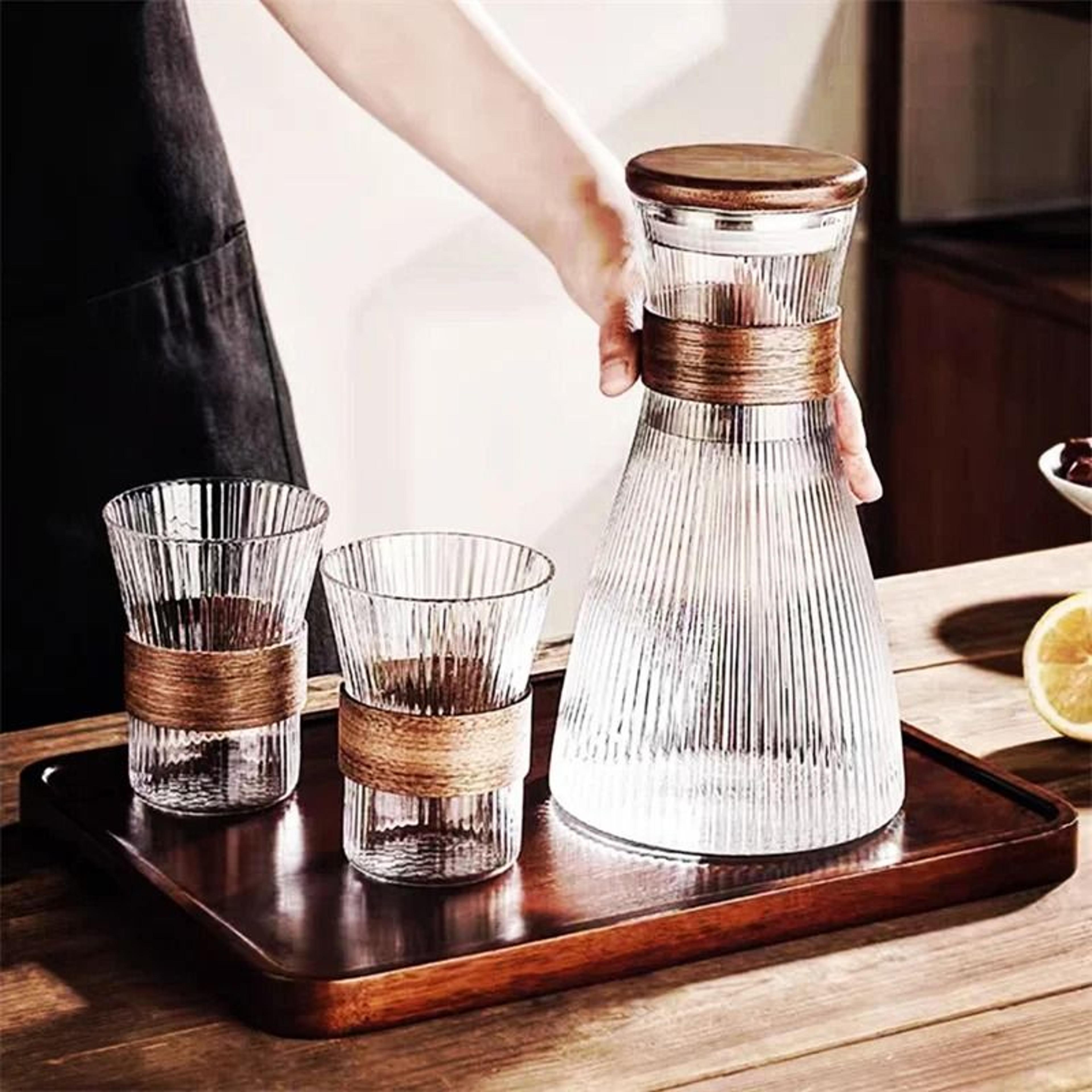 japanese style glass cold water jug with walnut sleeve