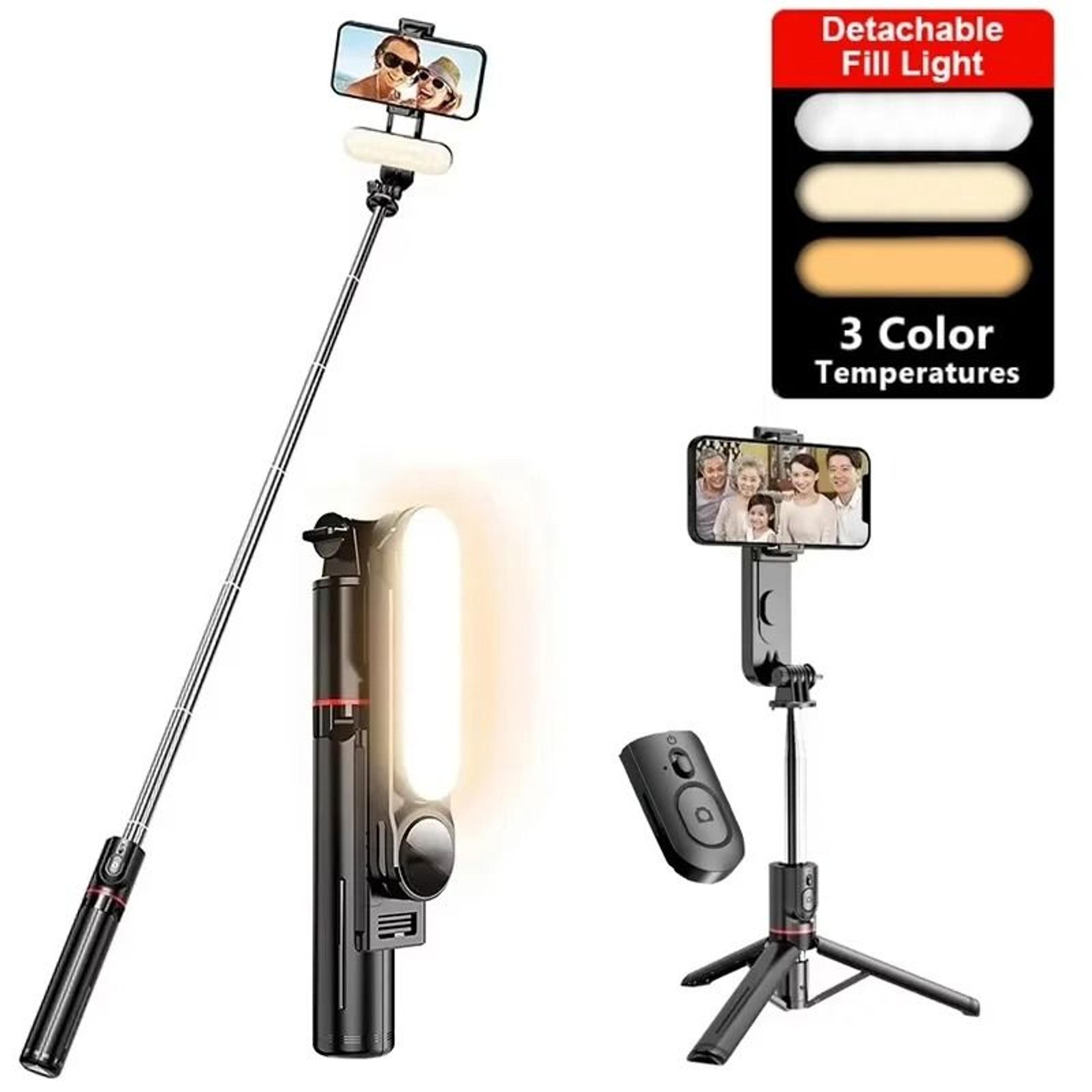 professional high performance foldable selfie stick tripod with integrated led fill light and bluetooth remote
