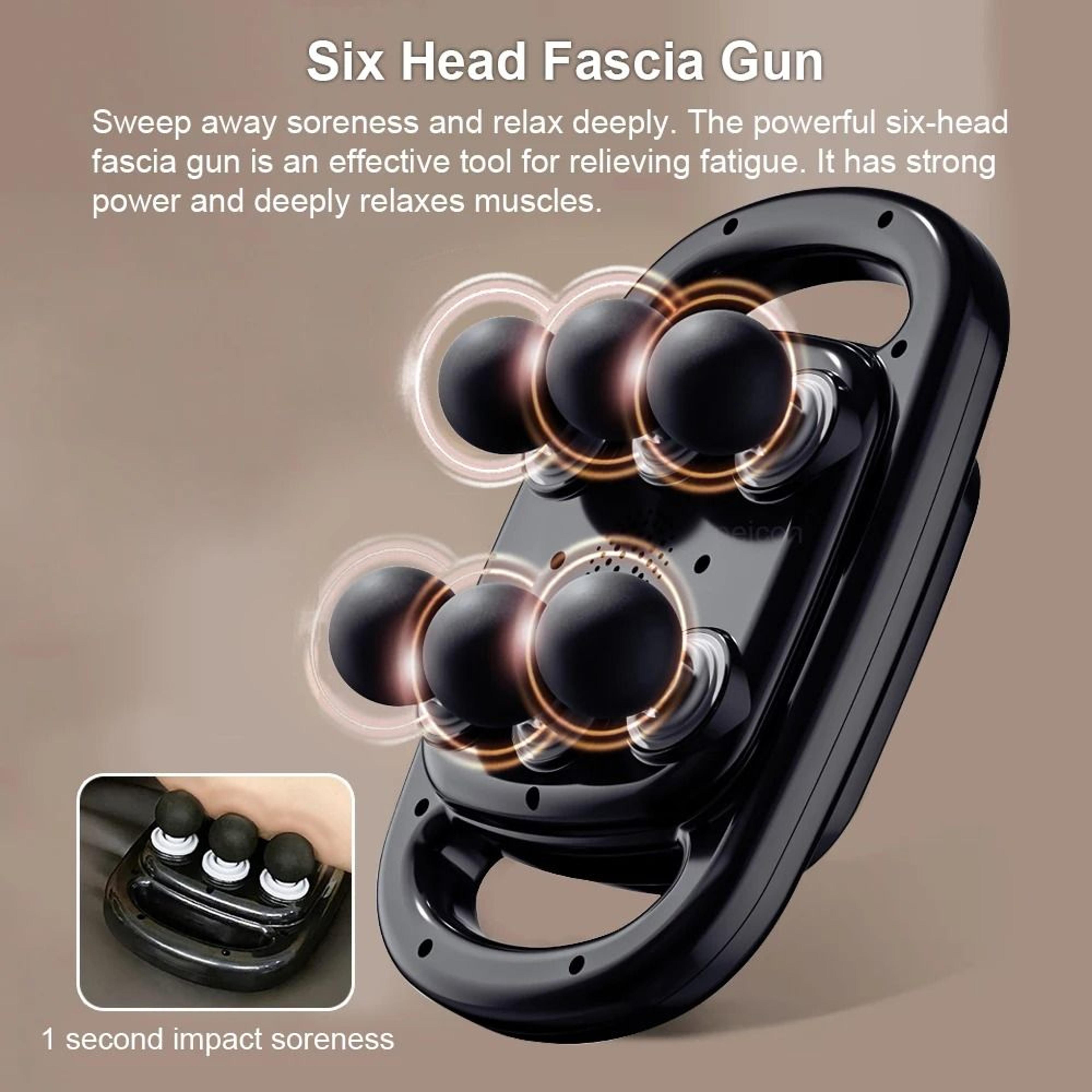 deep tissue percussion fascia gun with six interchangeable heads
