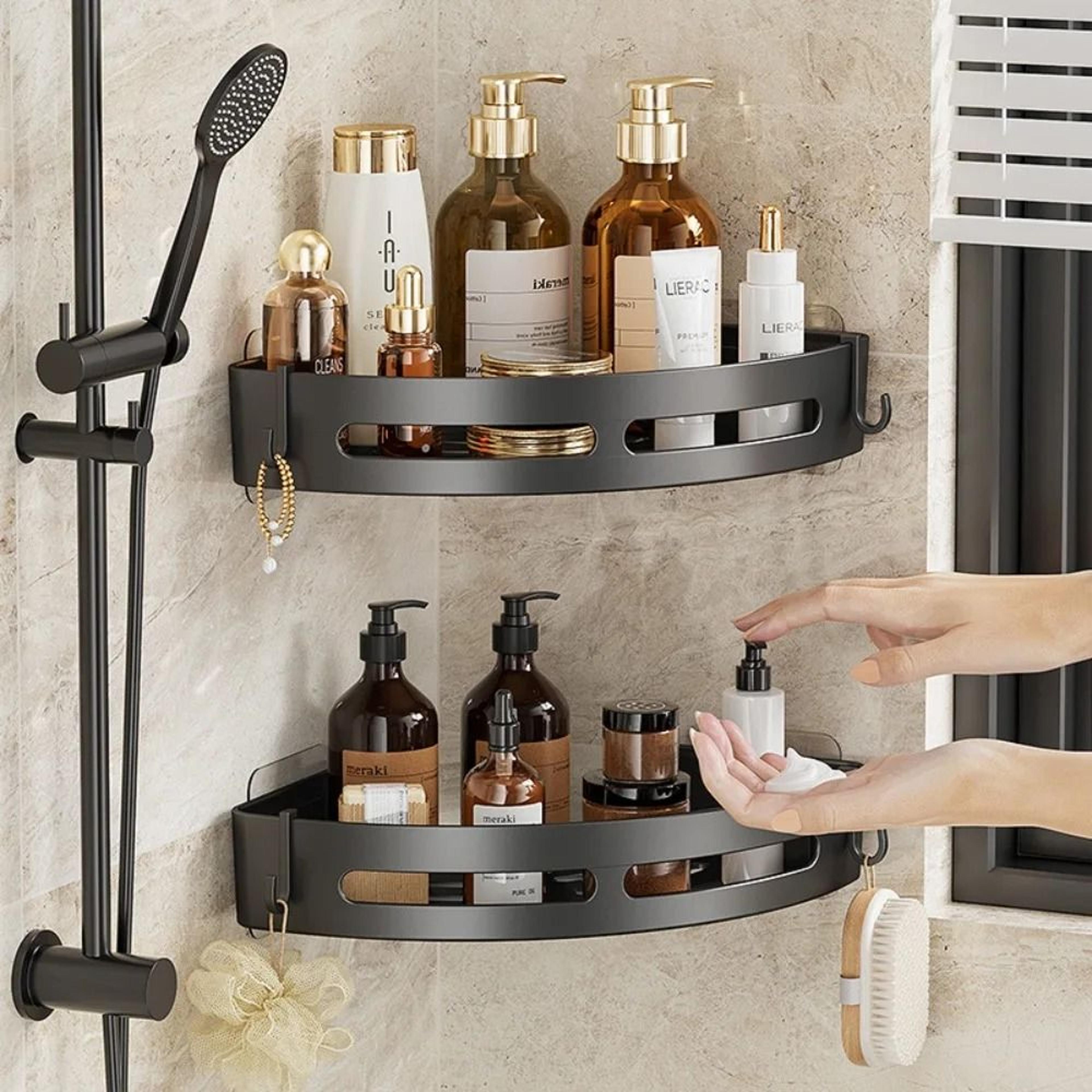 strong adhesive no-drill shower storage shelf