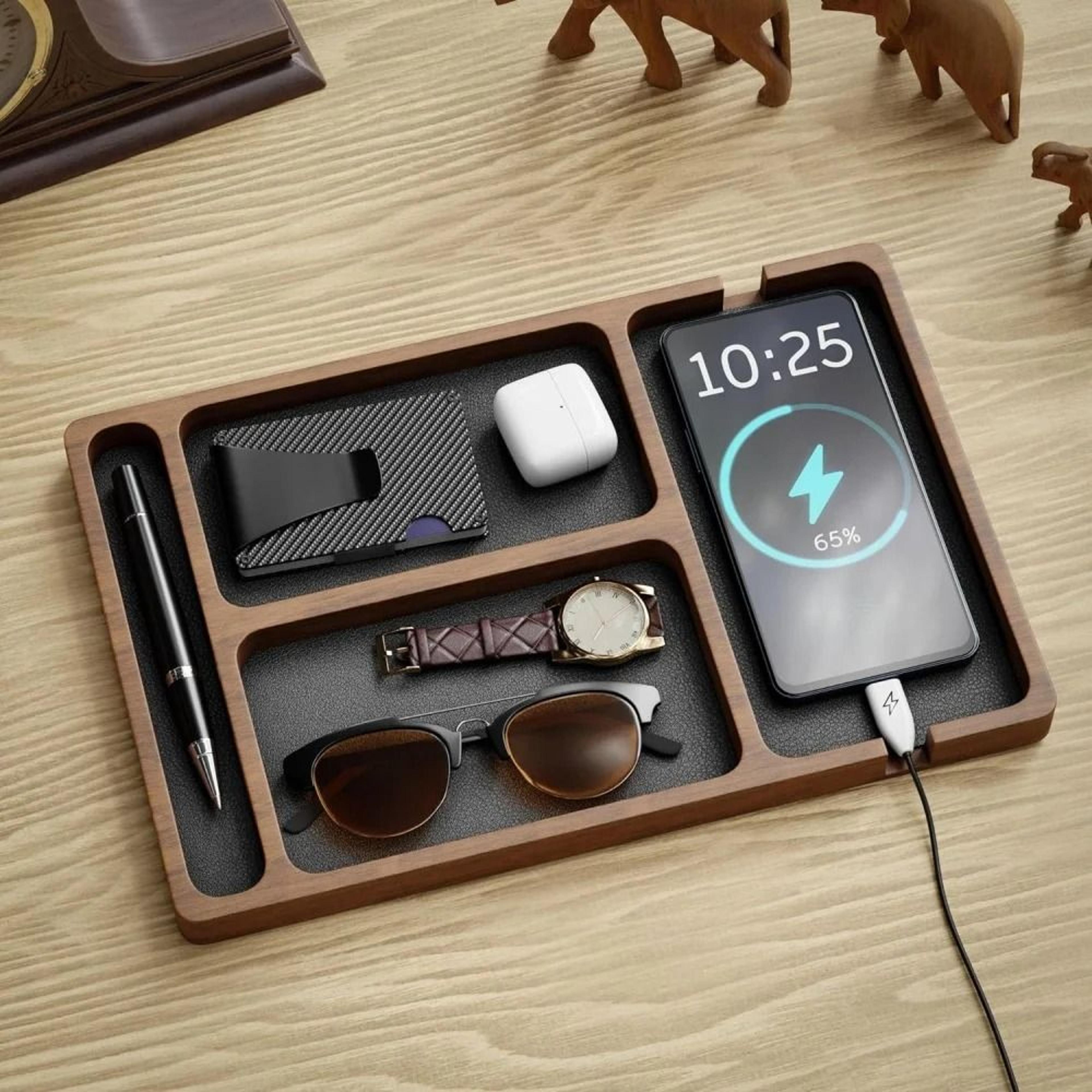 wooden office desktop storage box | solid wood grid organizer for tech & accessories