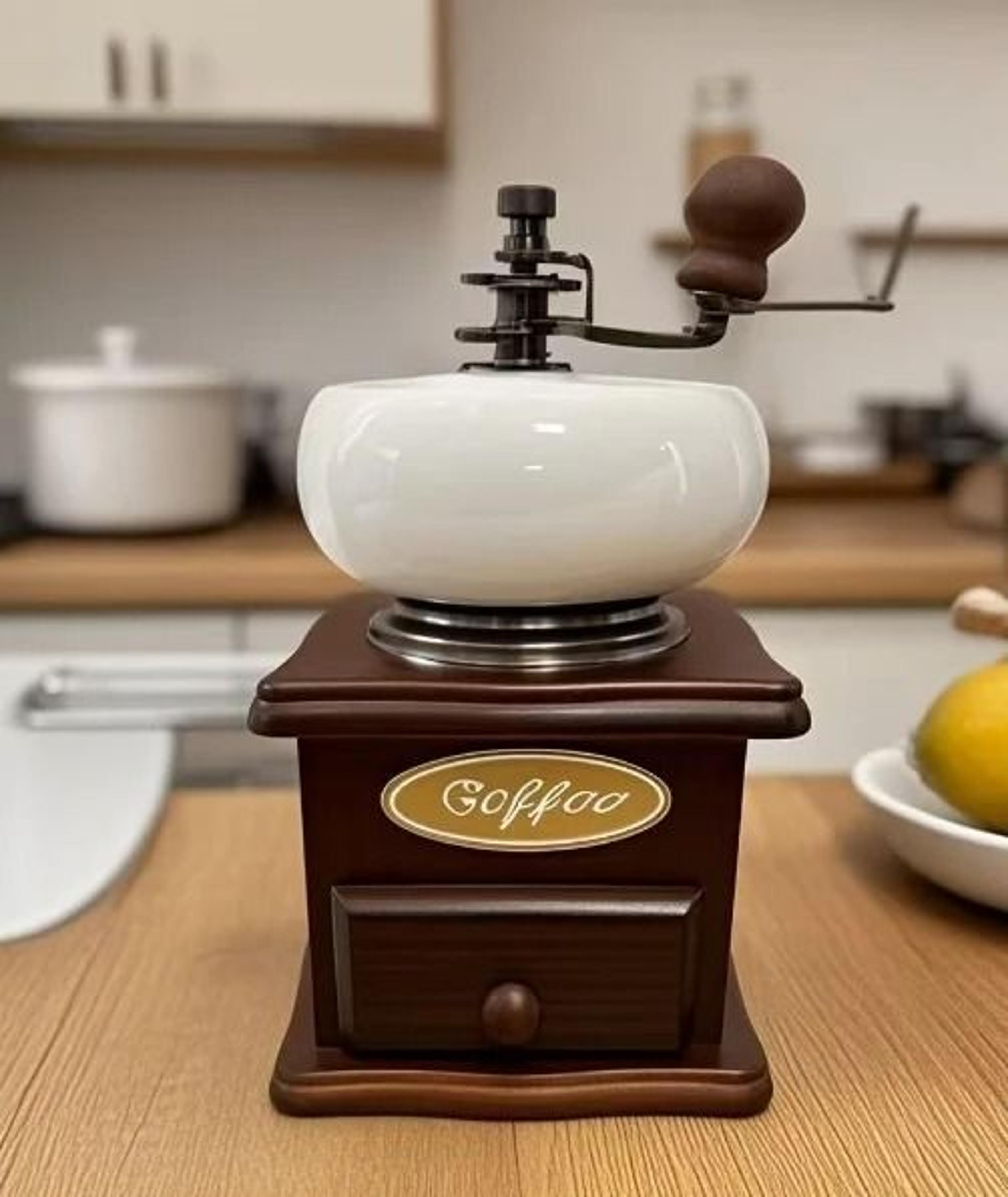 vintage manual coffee grinder | classic wooden burr mill with hand crank