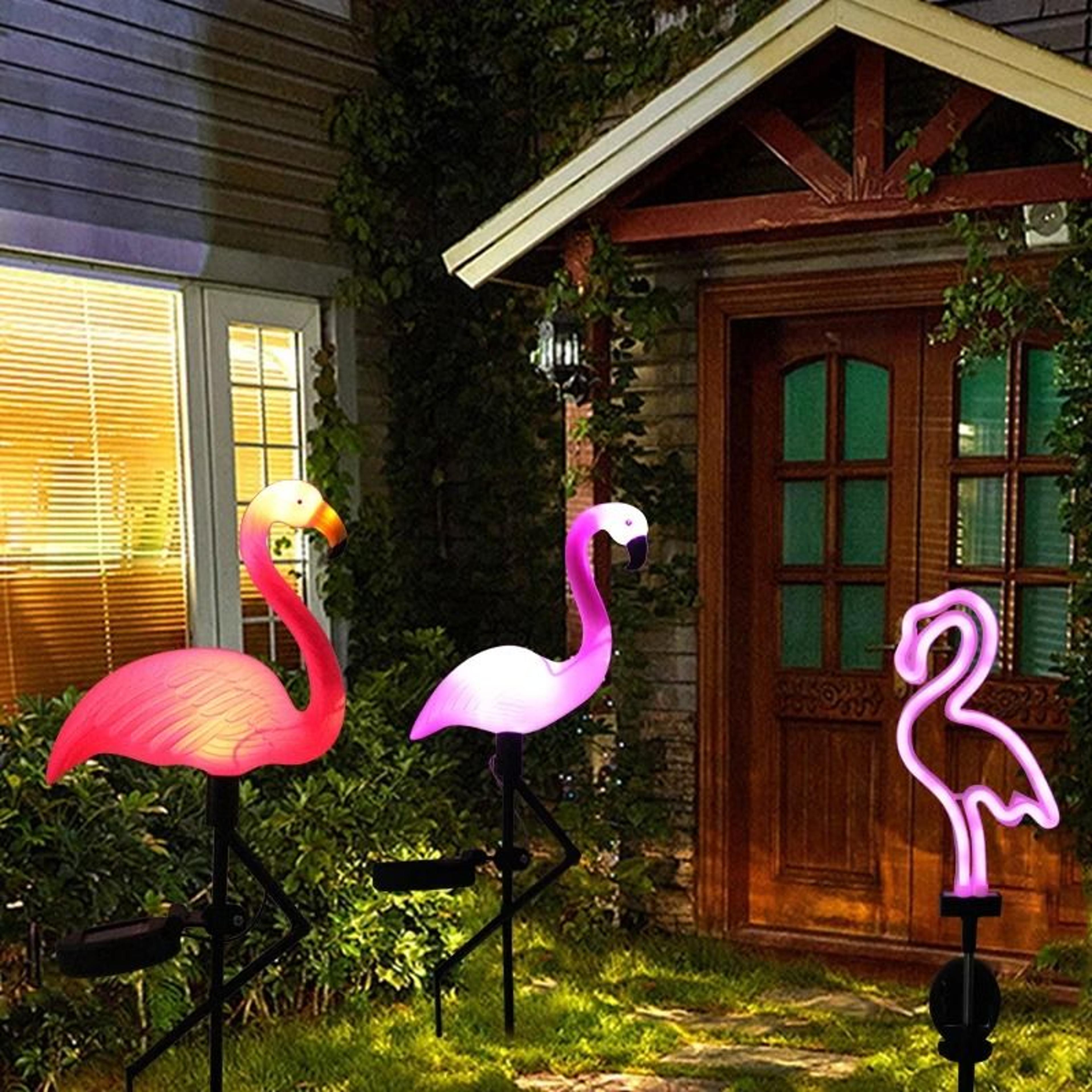 solar flamingo stake light | waterproof led outdoor garden & pathway decor