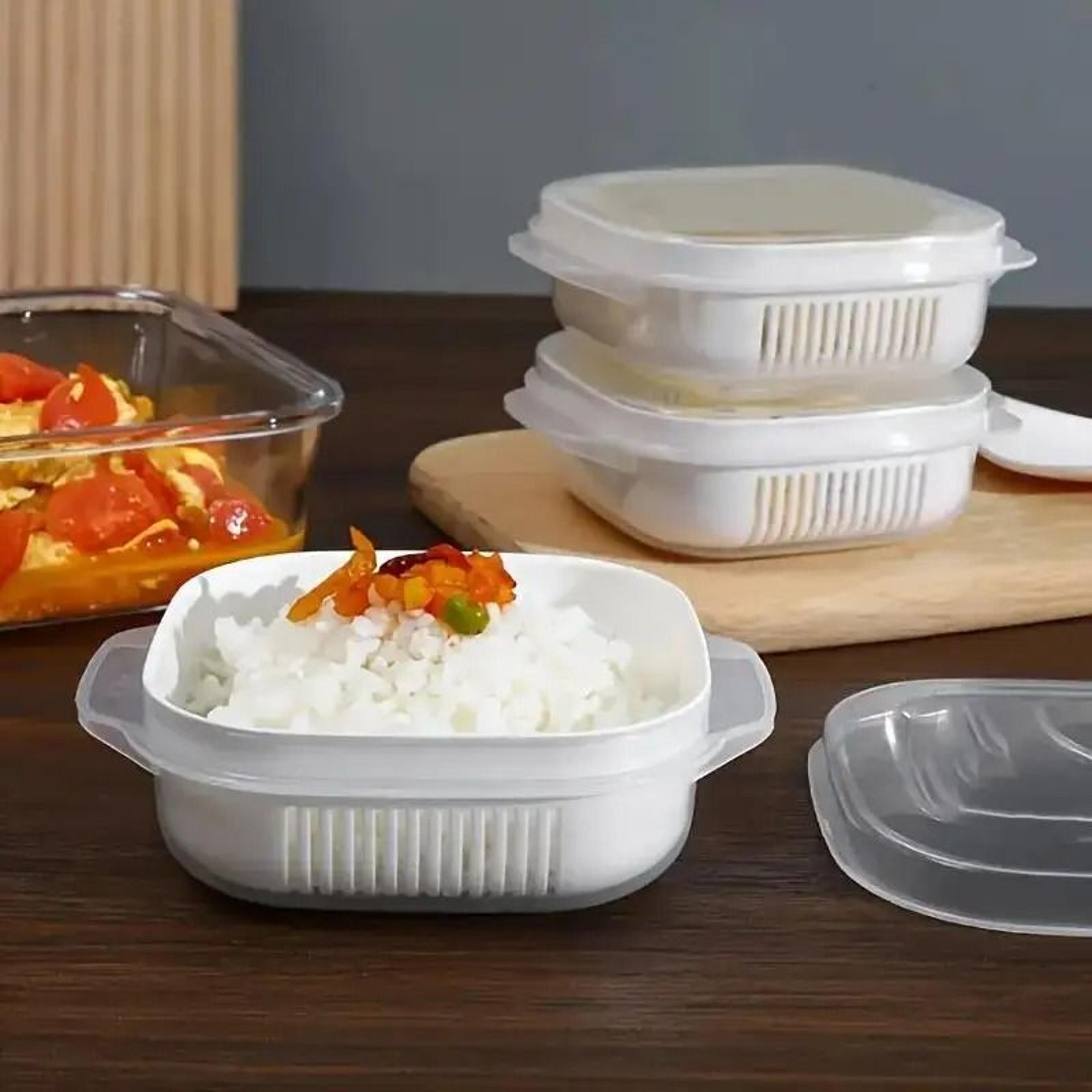 multi-purpose rice & steaming box – microwaveable freezer-to-table storage