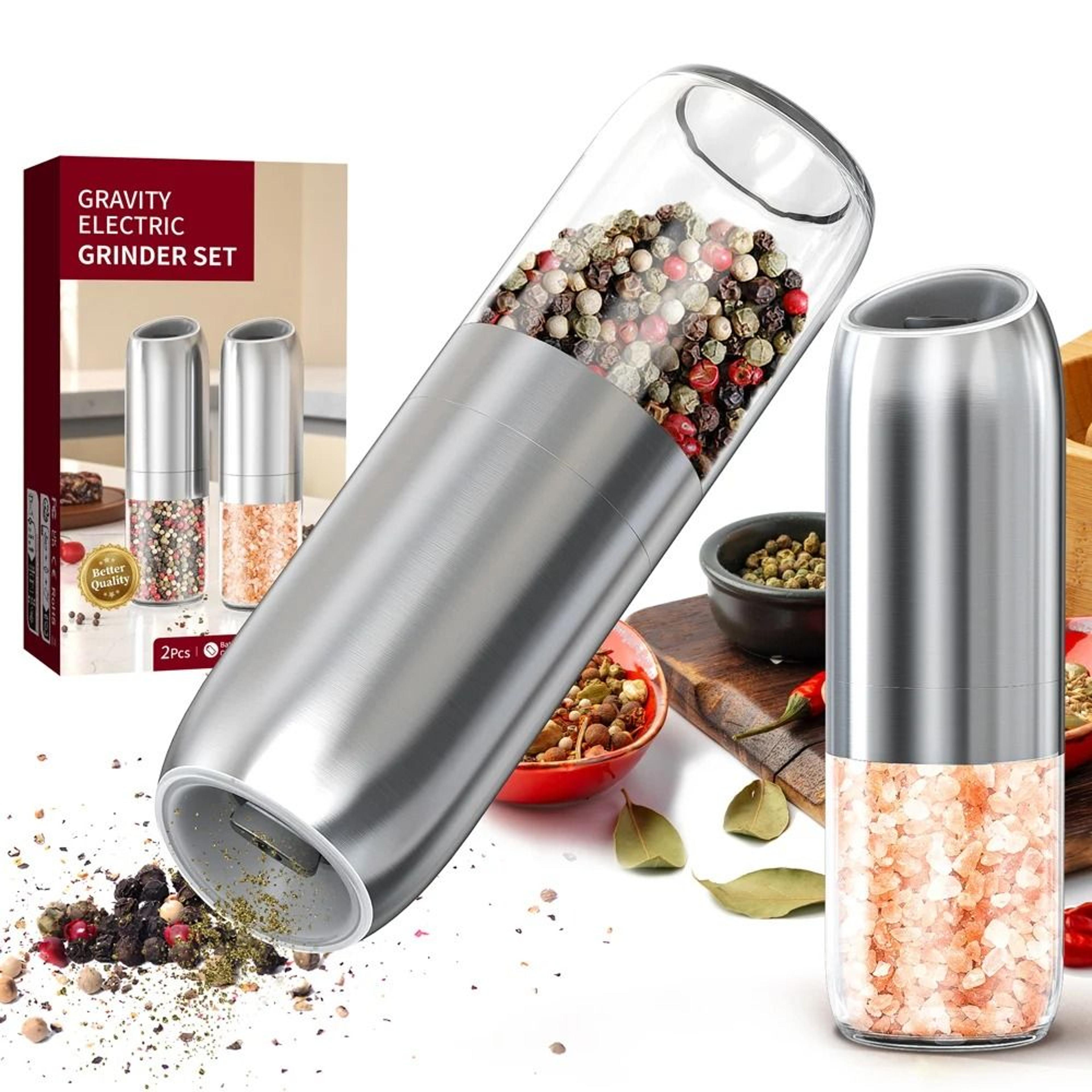 new upgraded larger capacity electric salt & pepper grinder set – gravity sensor & led light