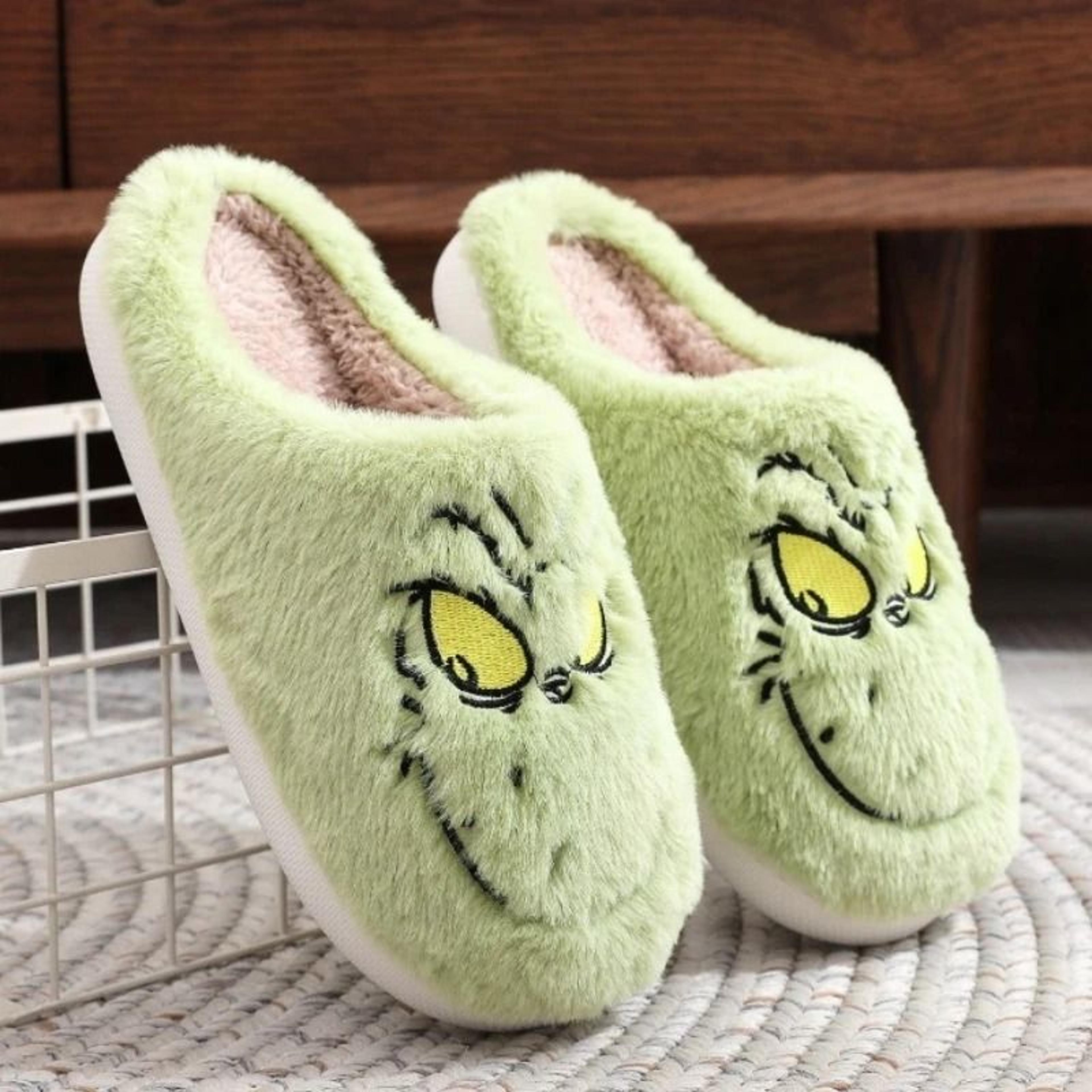 autumn winter green fur monster slippers – fashionable indoor plush slides