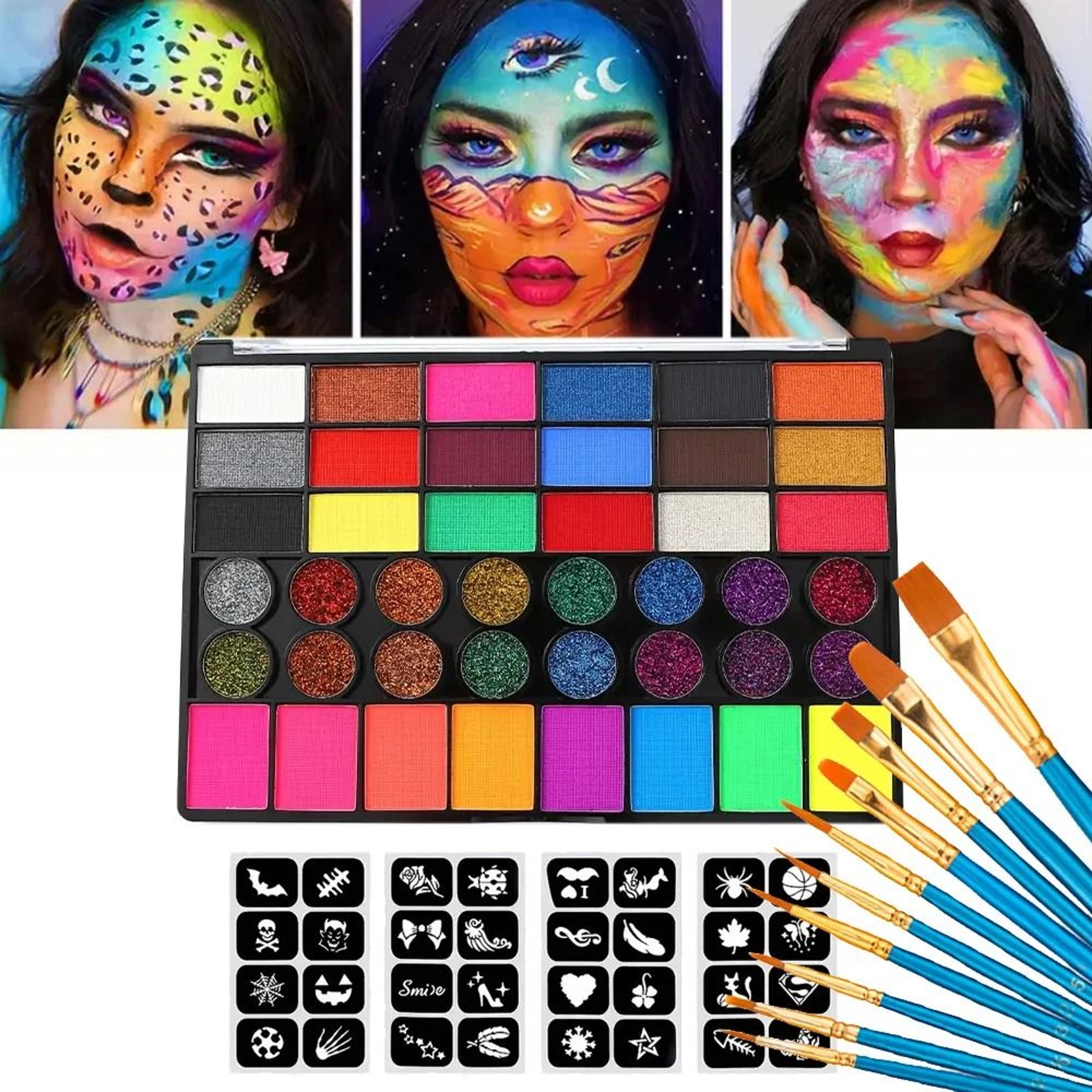 42-color professional water-soluble face & body paint palette – uv neon, glitter & classic makeup set