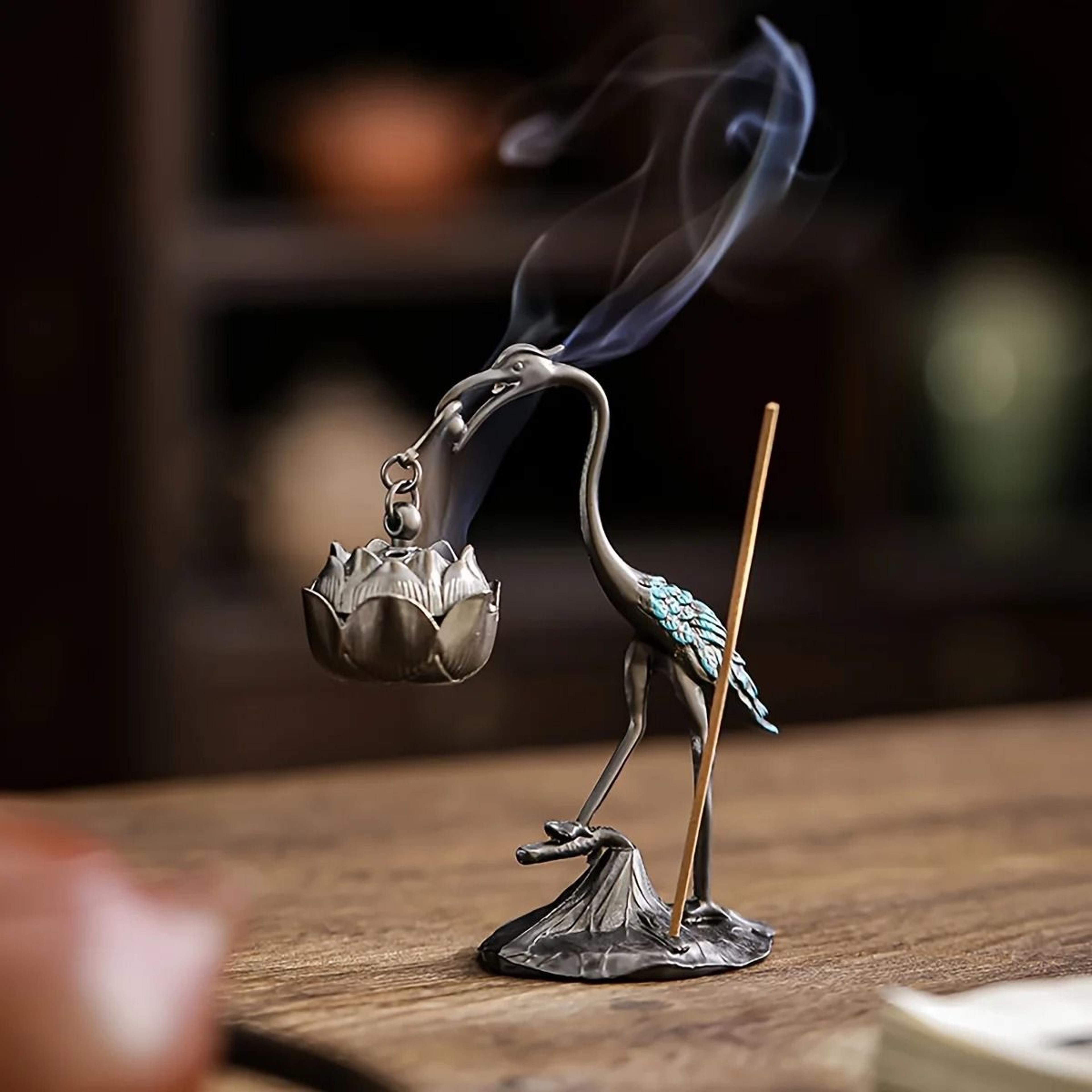 vintage crane and lotus incense burner – brass aesthetic line incense holder