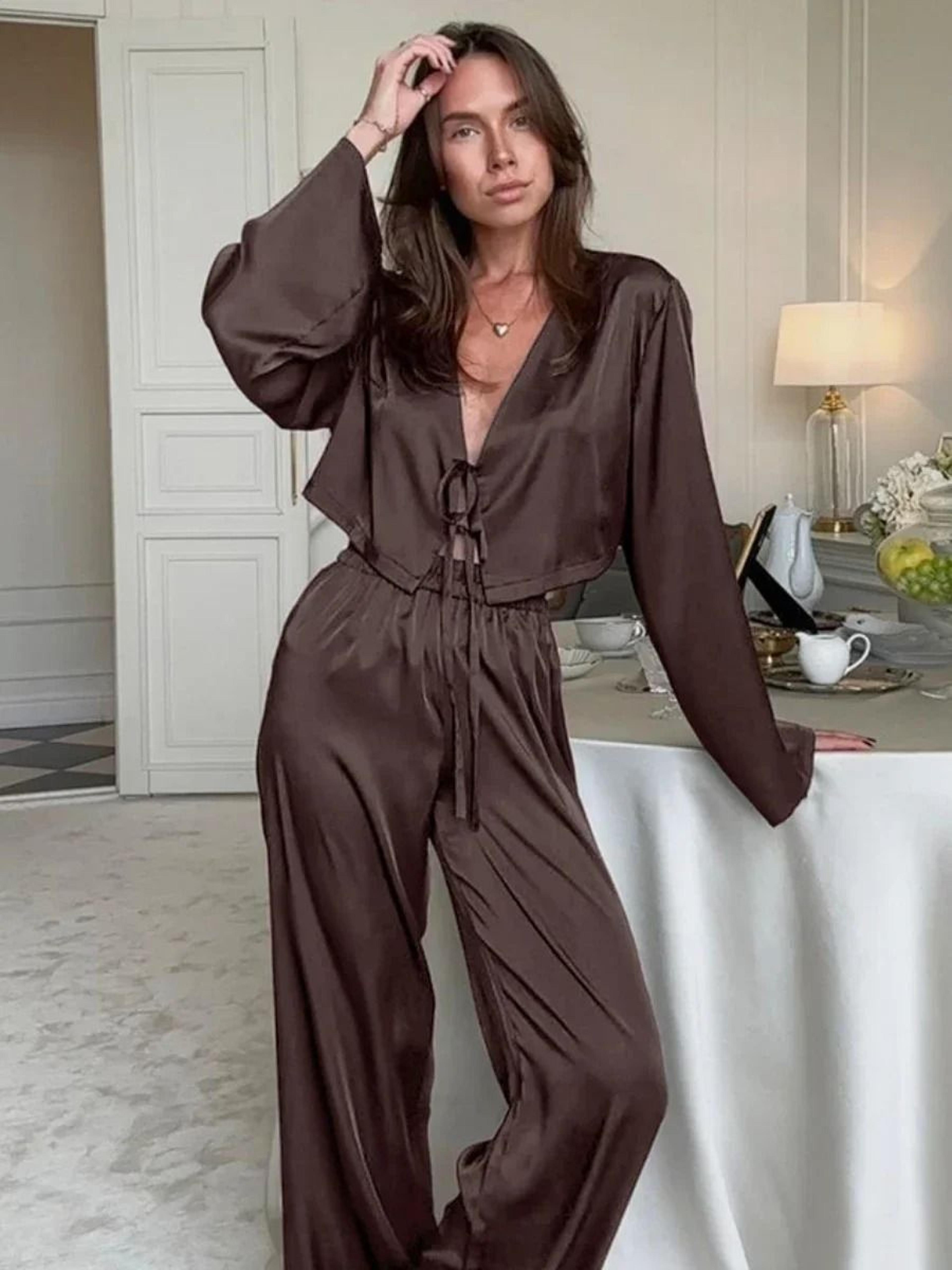 blubelle silk-style cardigan pajama set – loose long sleeve home clothing
