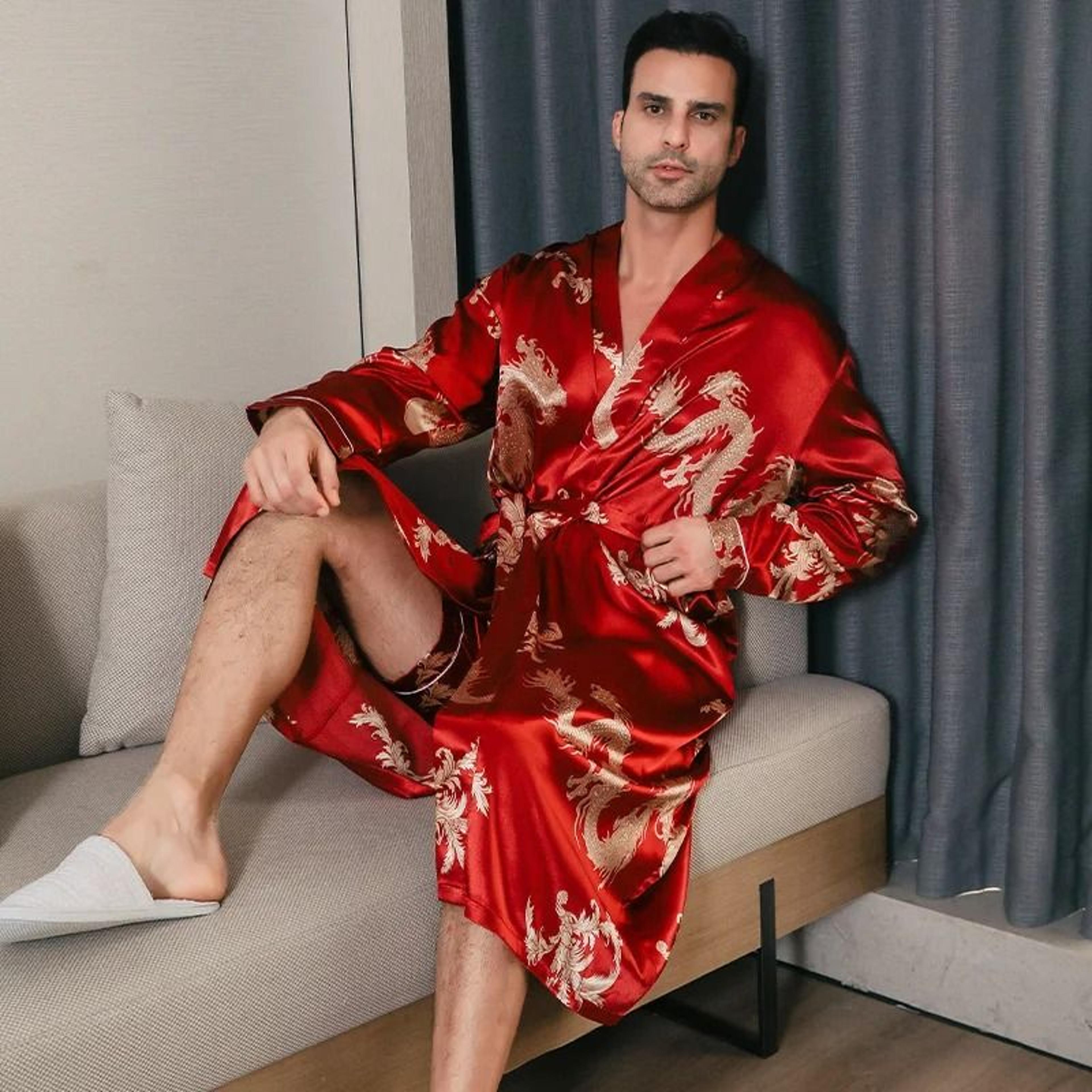 mens ice silk long-sleeved bathrobe – lightweight spring & autumn sleepwear