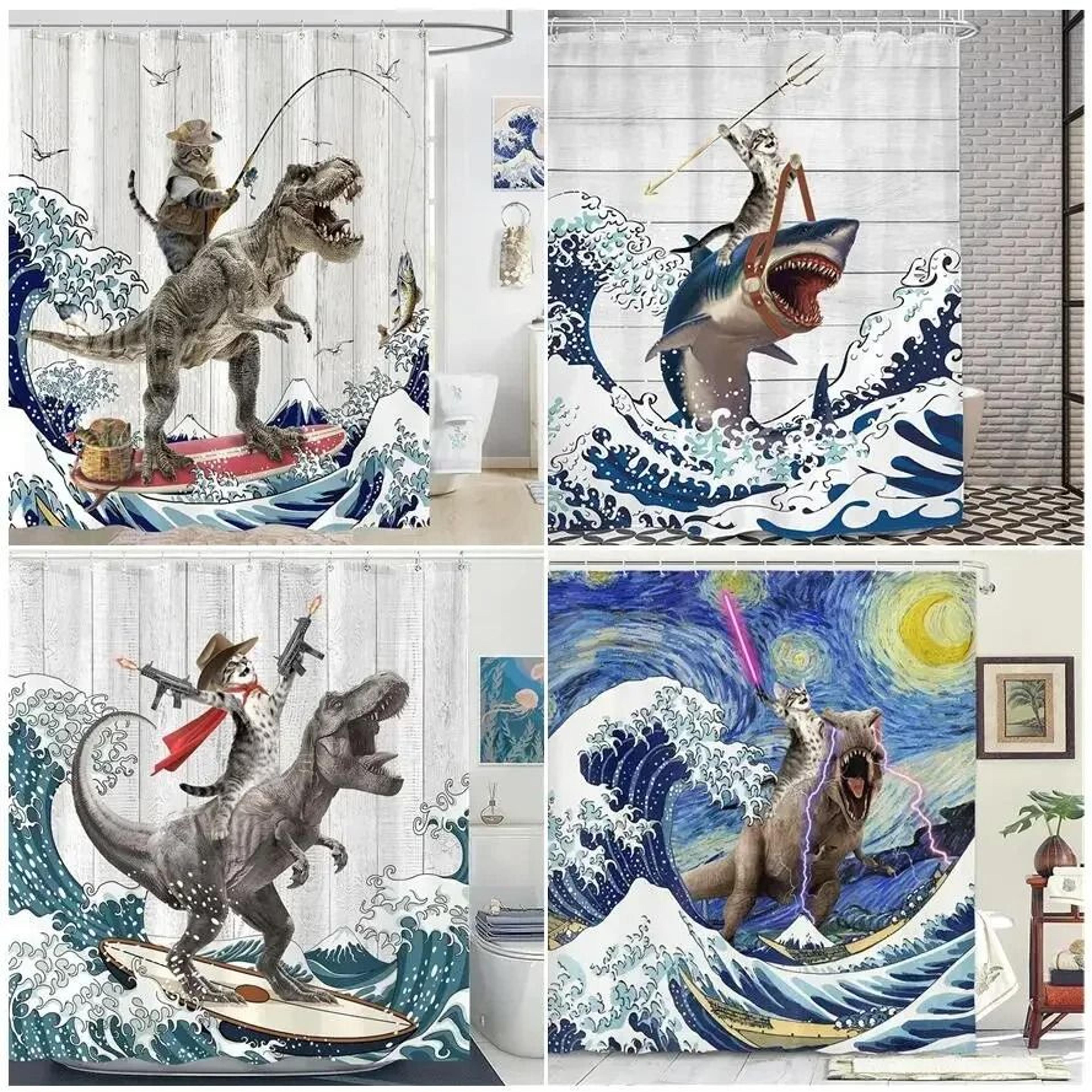 creative kids "cat riding dinosaur" shower curtain