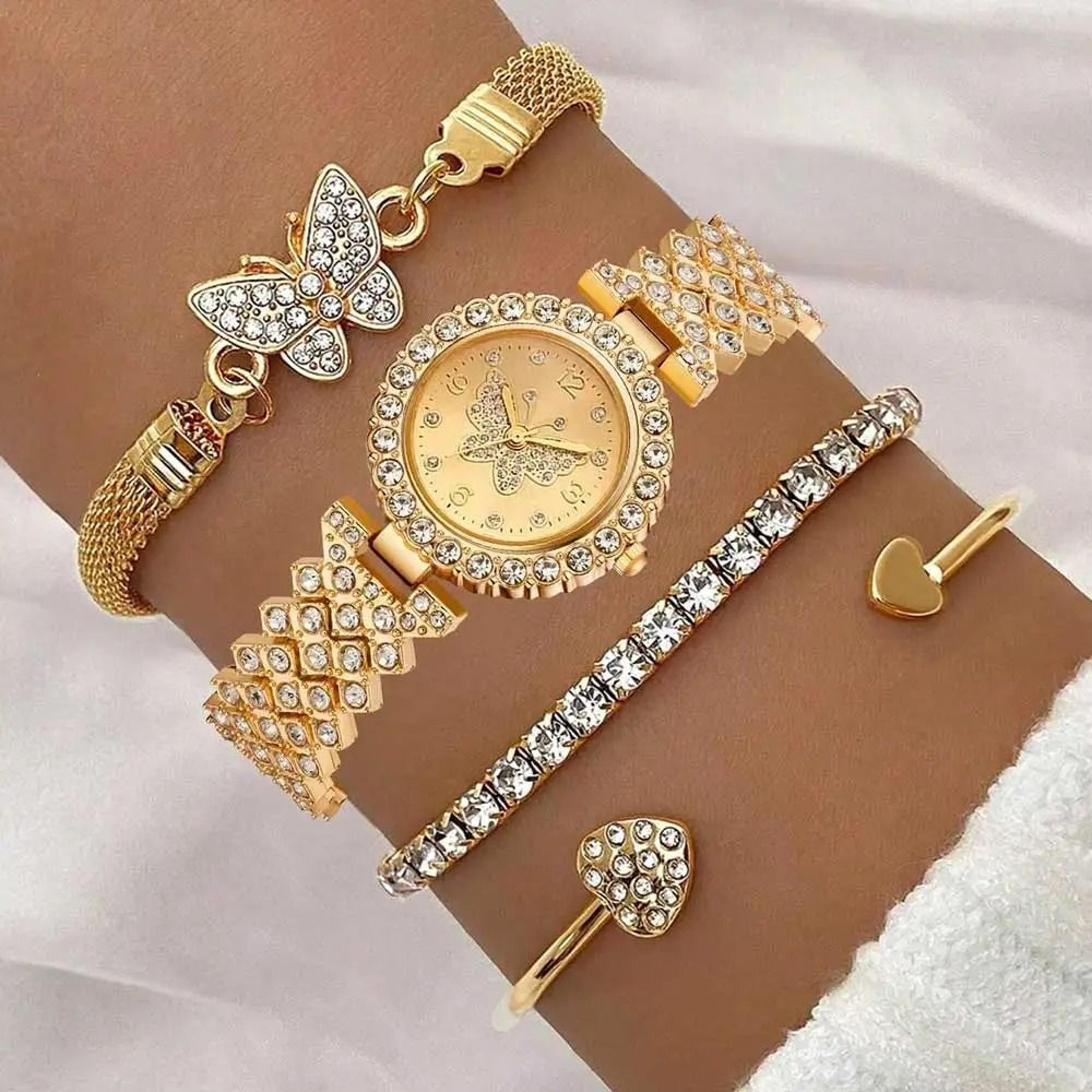 golden butterfly luxury quartz watch set – 4-piece trendy fashion bracelet collection for effortless daily styling