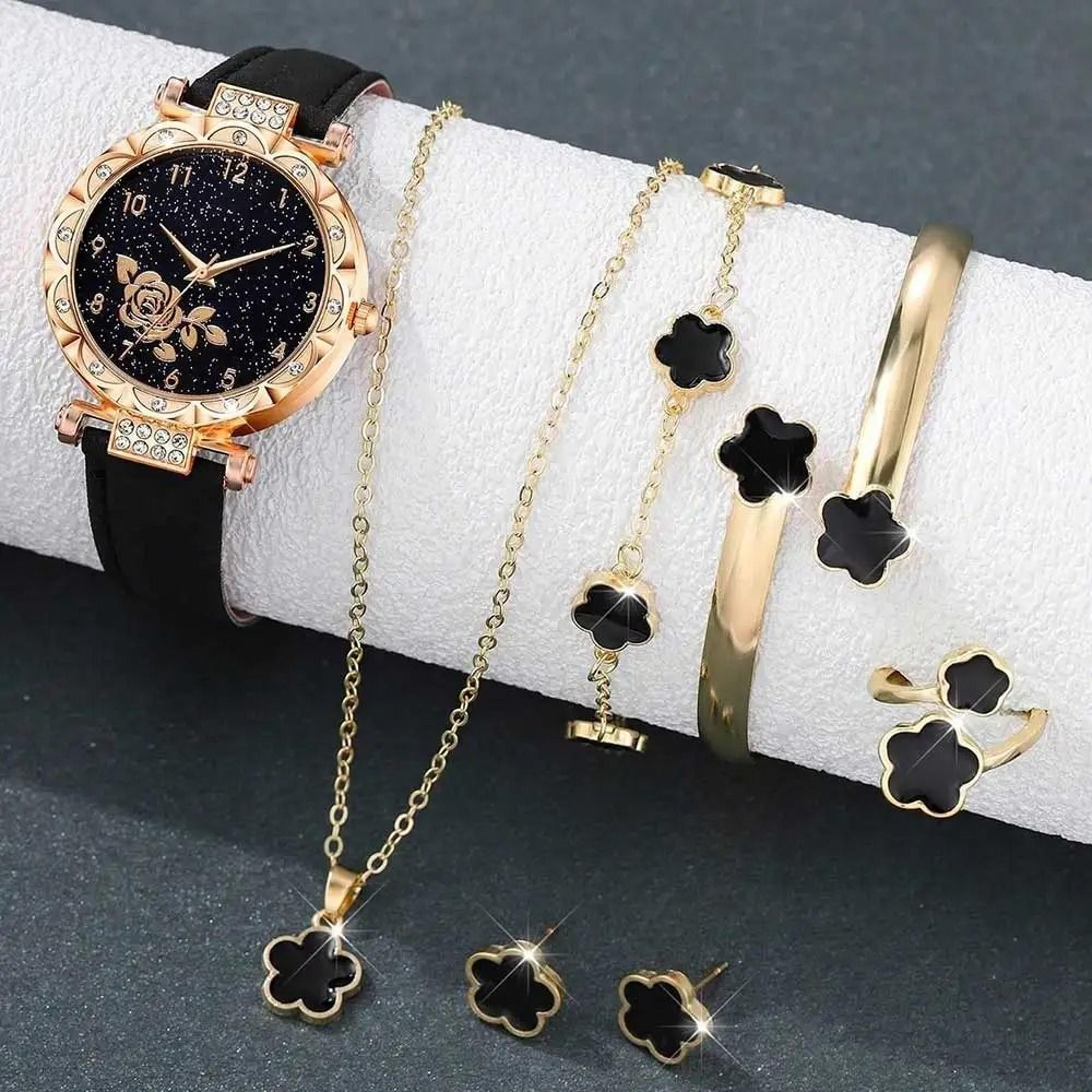 7-piece flower element watch & jewelry suite – complete fashionable quartz timepiece