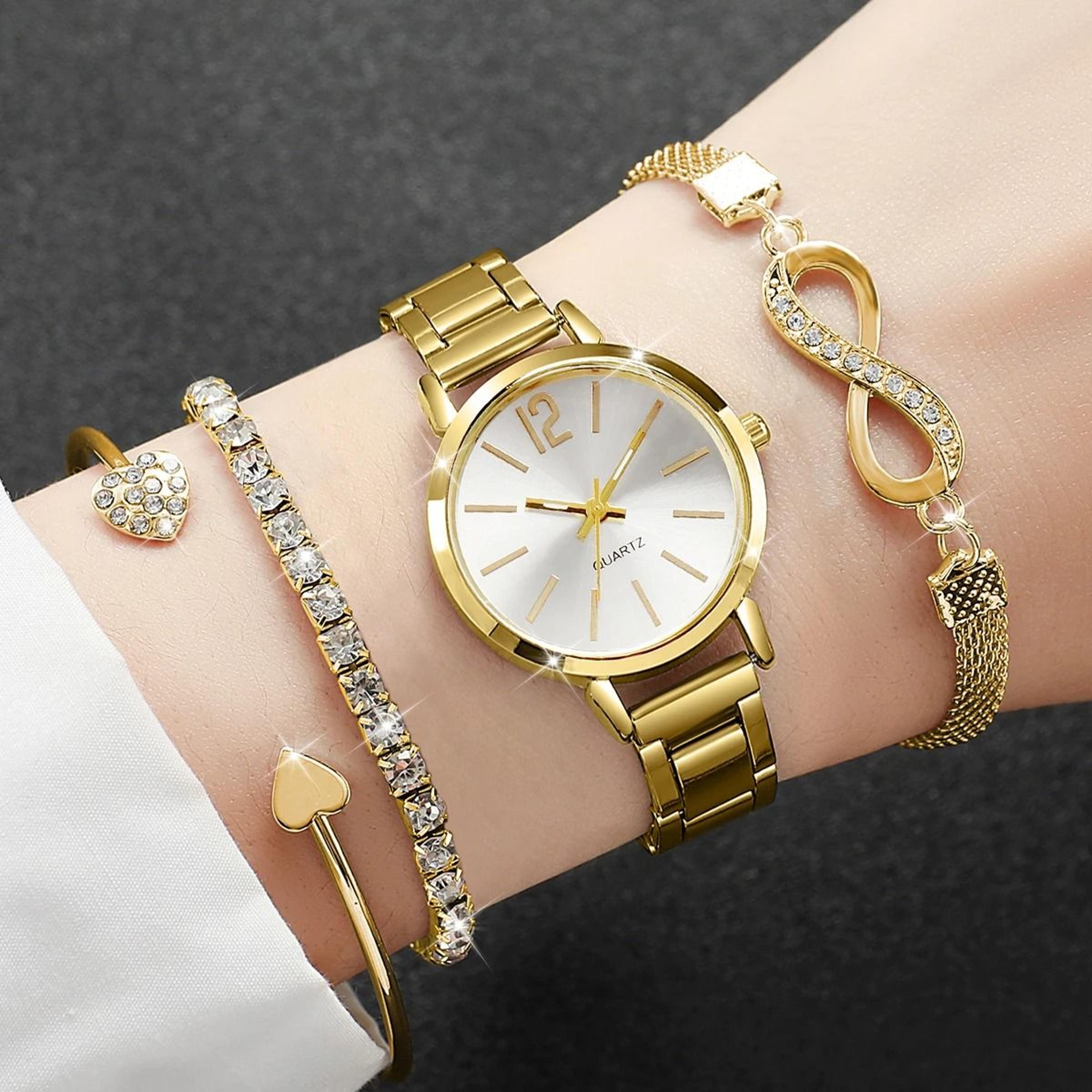 4-piece light luxury quartz watch set – versatile casual sports style timepiece and matching bracelet collection