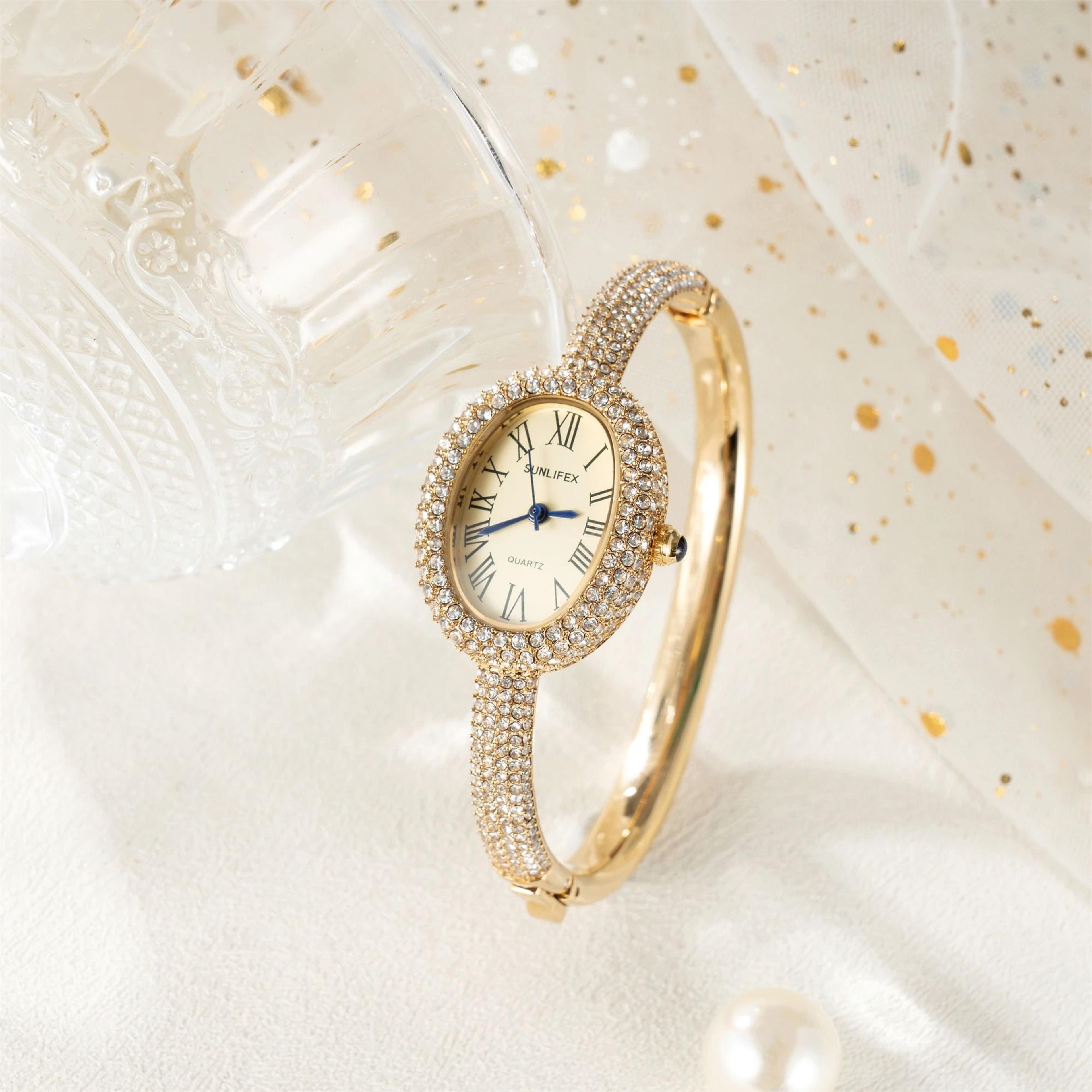 elegant oval rhinestone bracelet watch – luxury roman numeral waterproof quartz timepiece for women