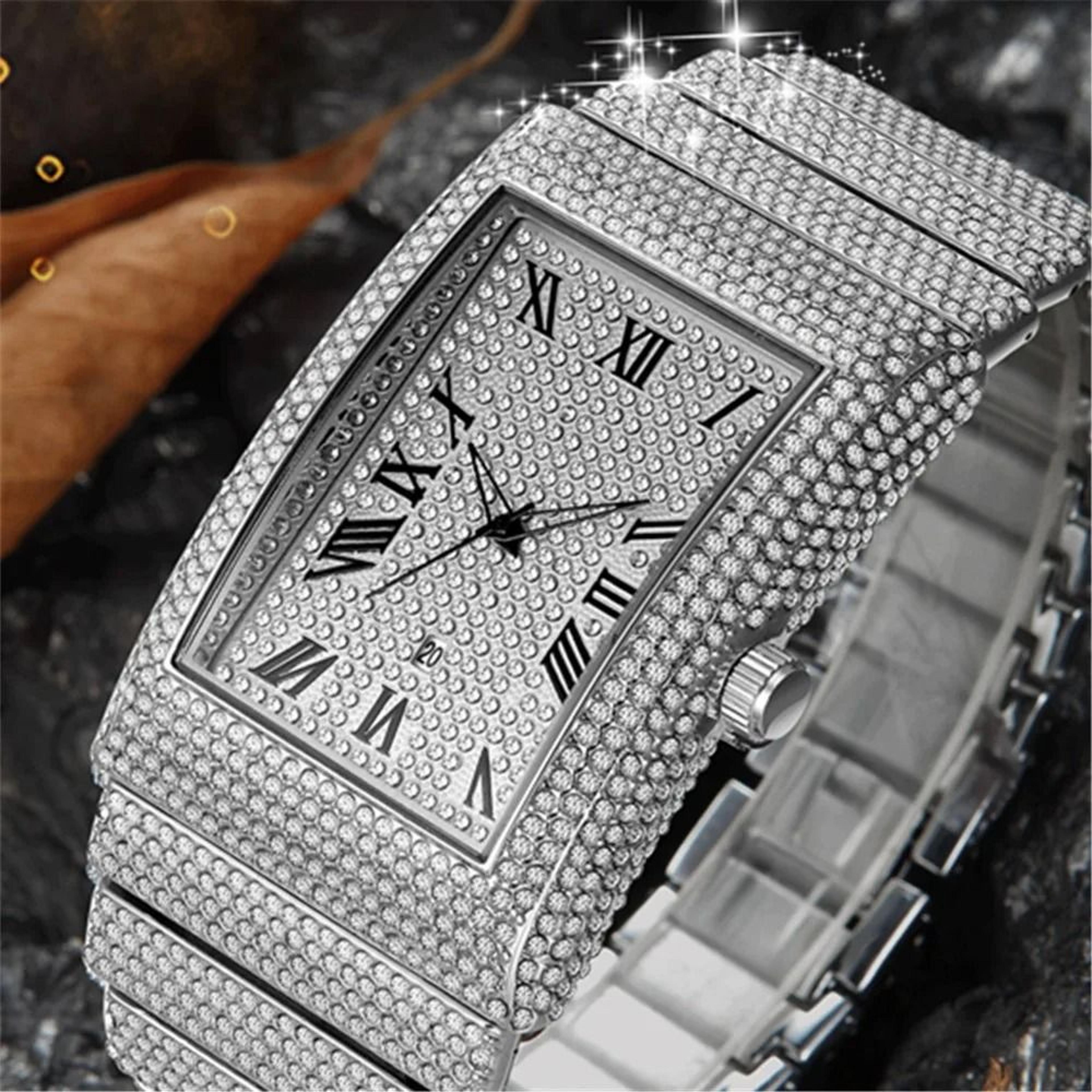 luxury iced-out rectangular executive watch – hip-hop diamond date quartz timepiece in lustrous gold