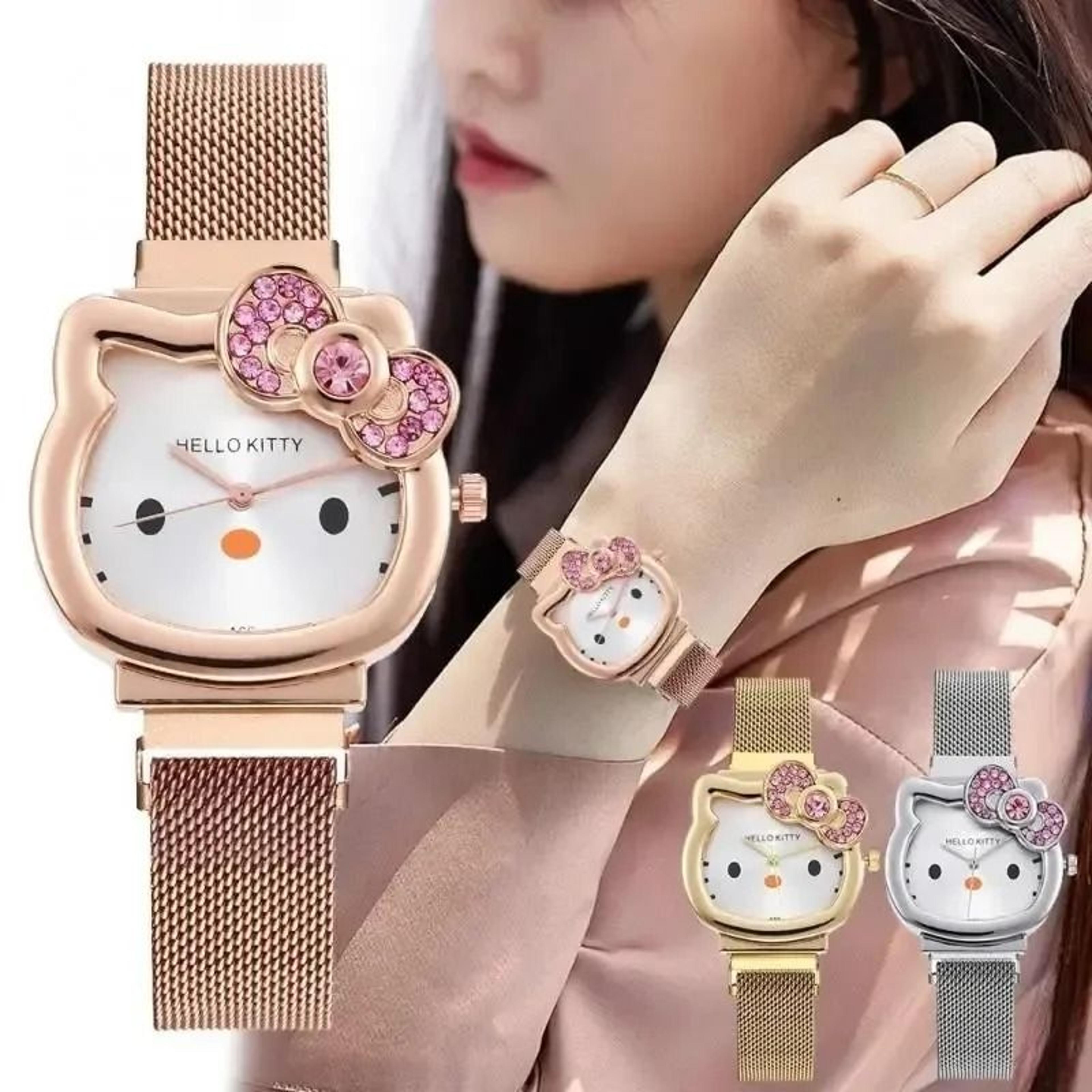 hello kitty crystal bow magnet watch – fashionable sanrio anime quartz timepiece for girls & fans