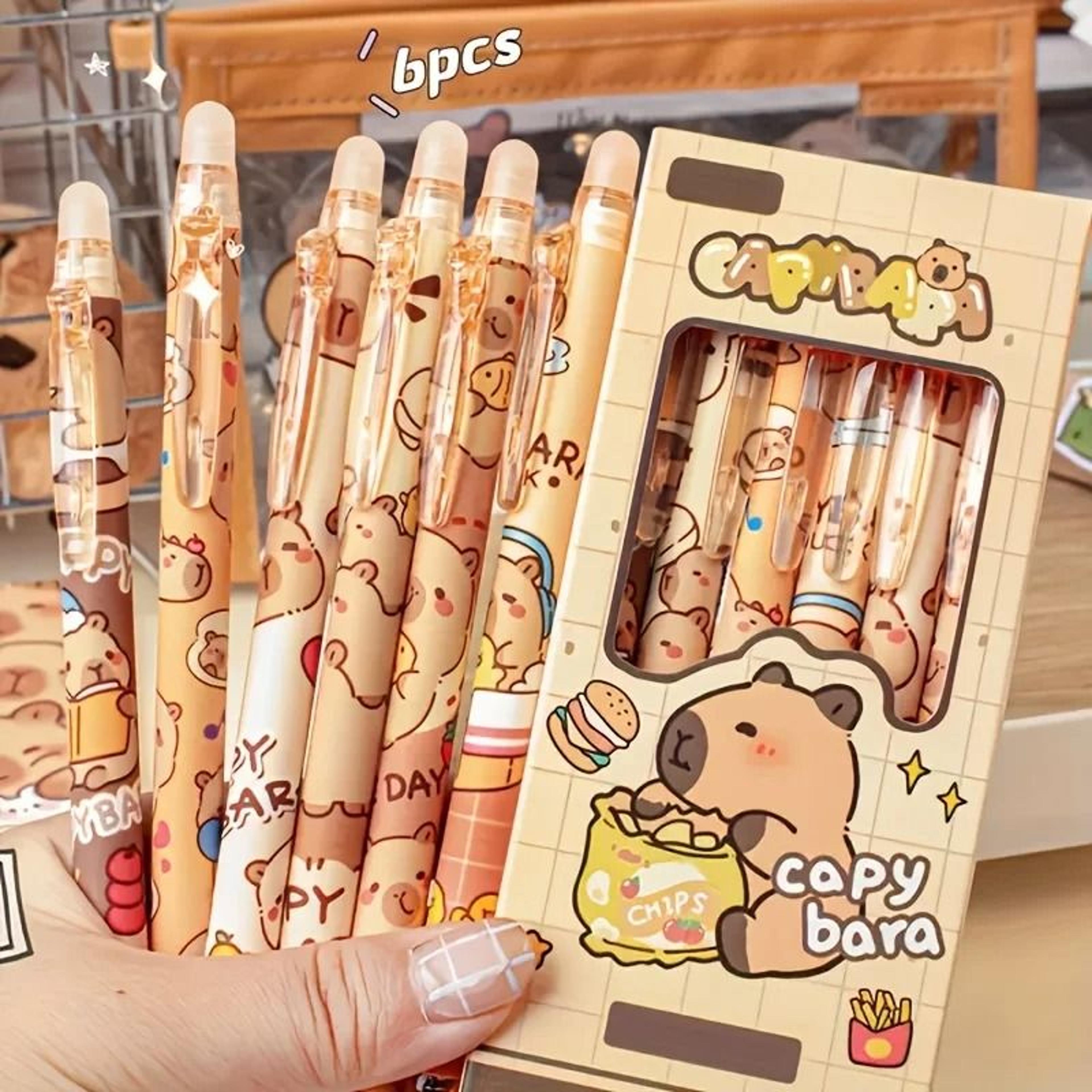 6-piece cute capybara erasable gel pen set – 0.5mm retractable blue ink for effortless writing & editing
