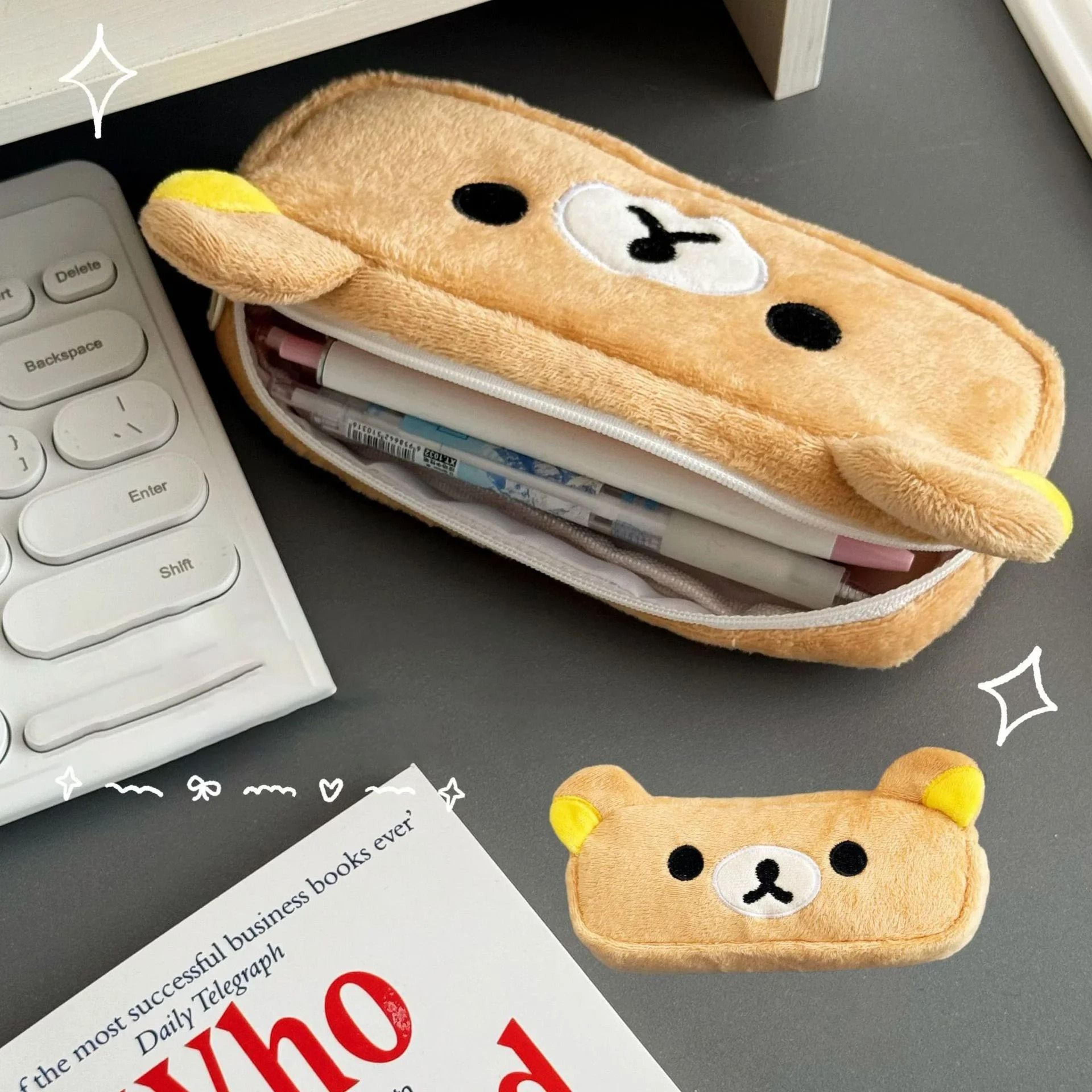 kawaii rilakkuma plush pencil case – cute cartoon bear organizer & "ins-hot" aesthetic pen bag for school
