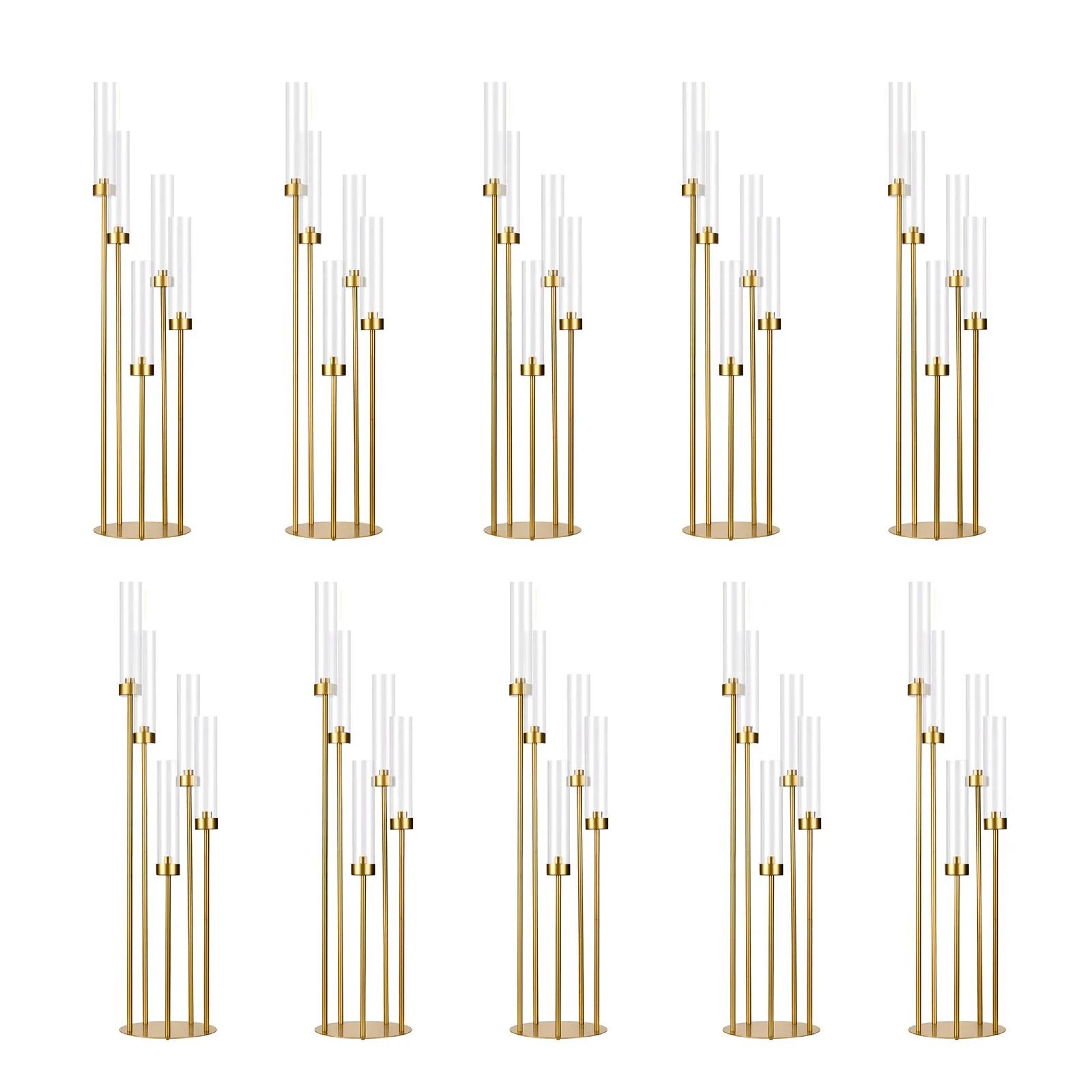 5-arm gold tall floor candelabra with acrylic shades
