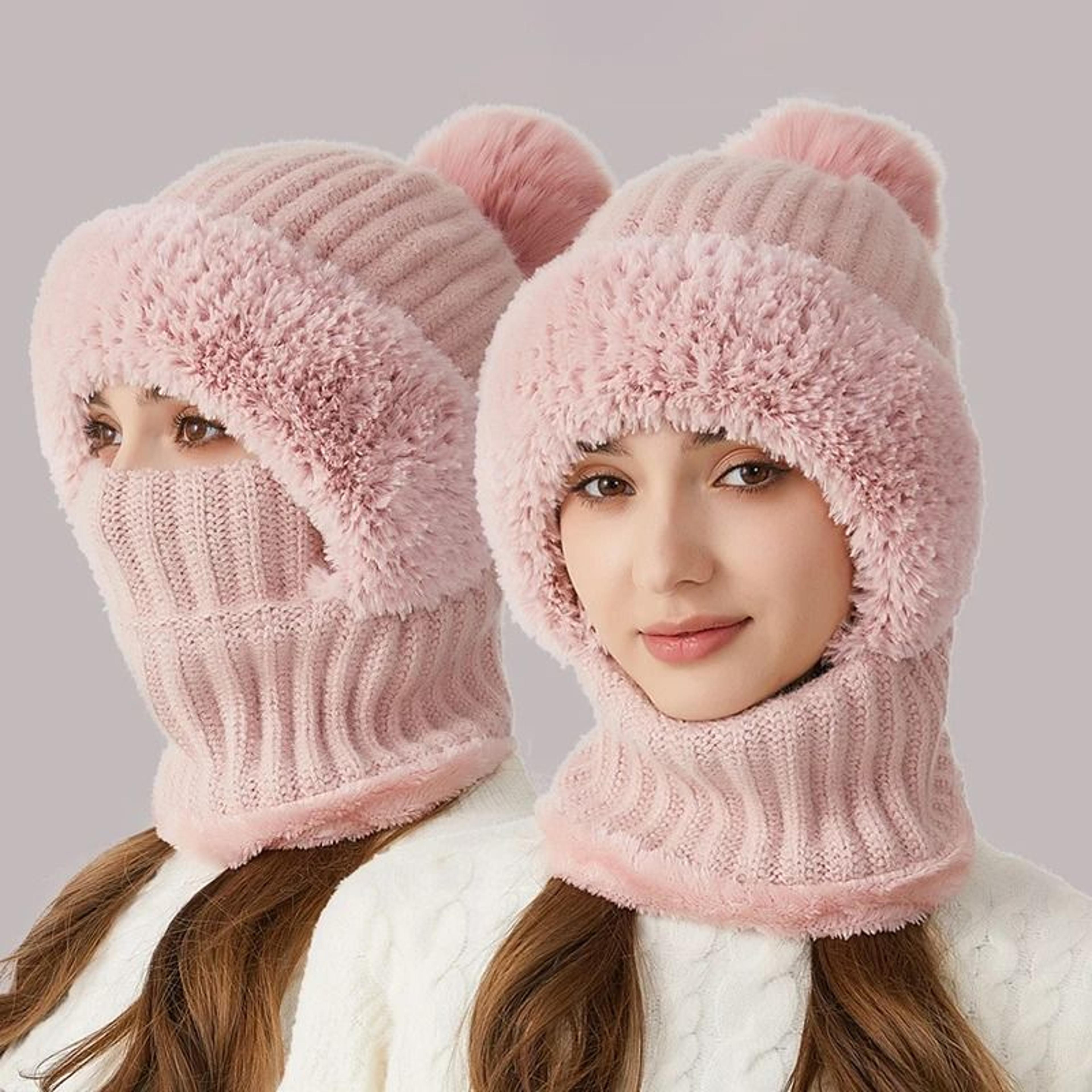 womens 3-in-1 thermal knitted winter hood set