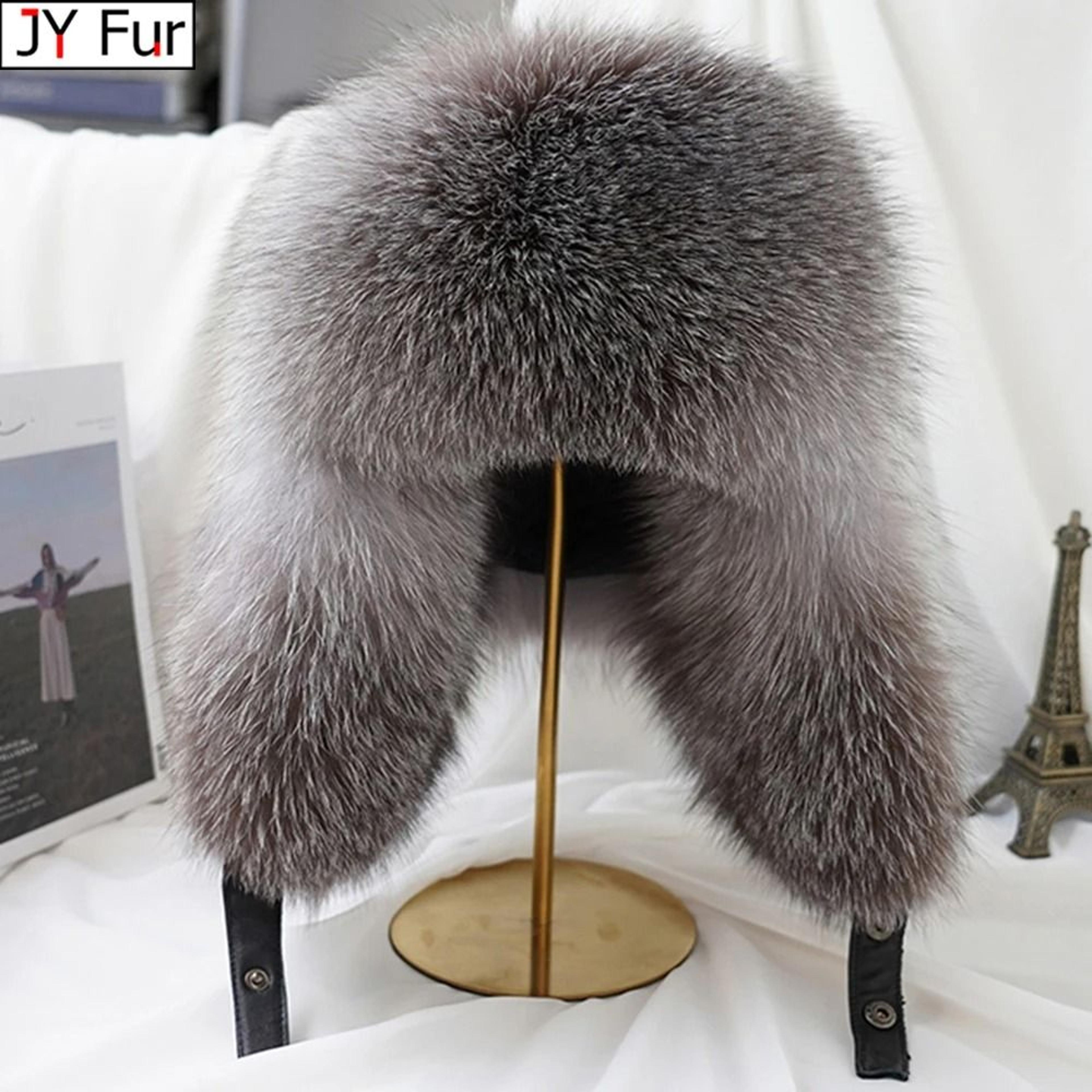 100% real silver fox fur & leather bomber hat