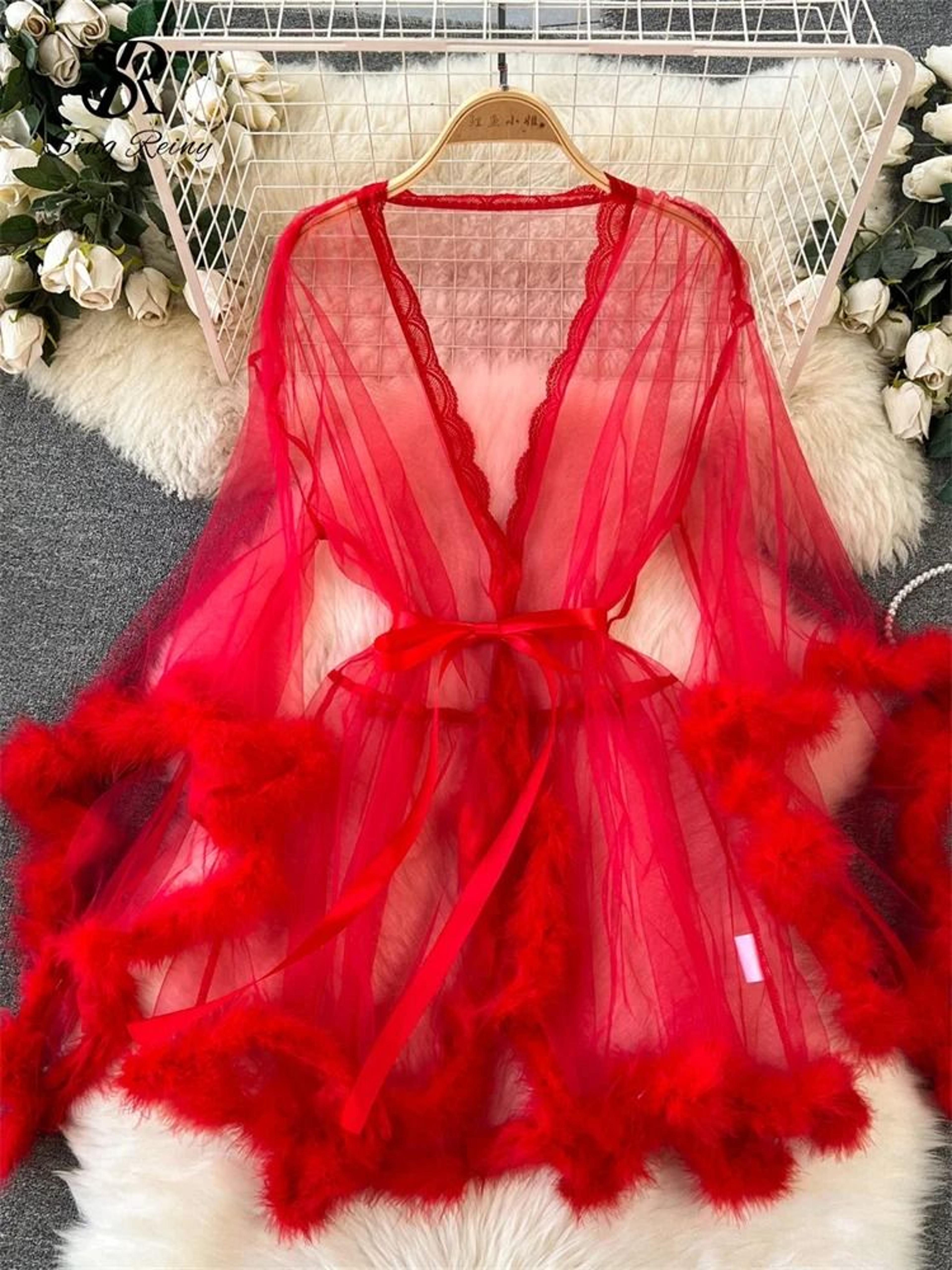 sheer erotic mesh robe – elegant plush-trimmed nightgown