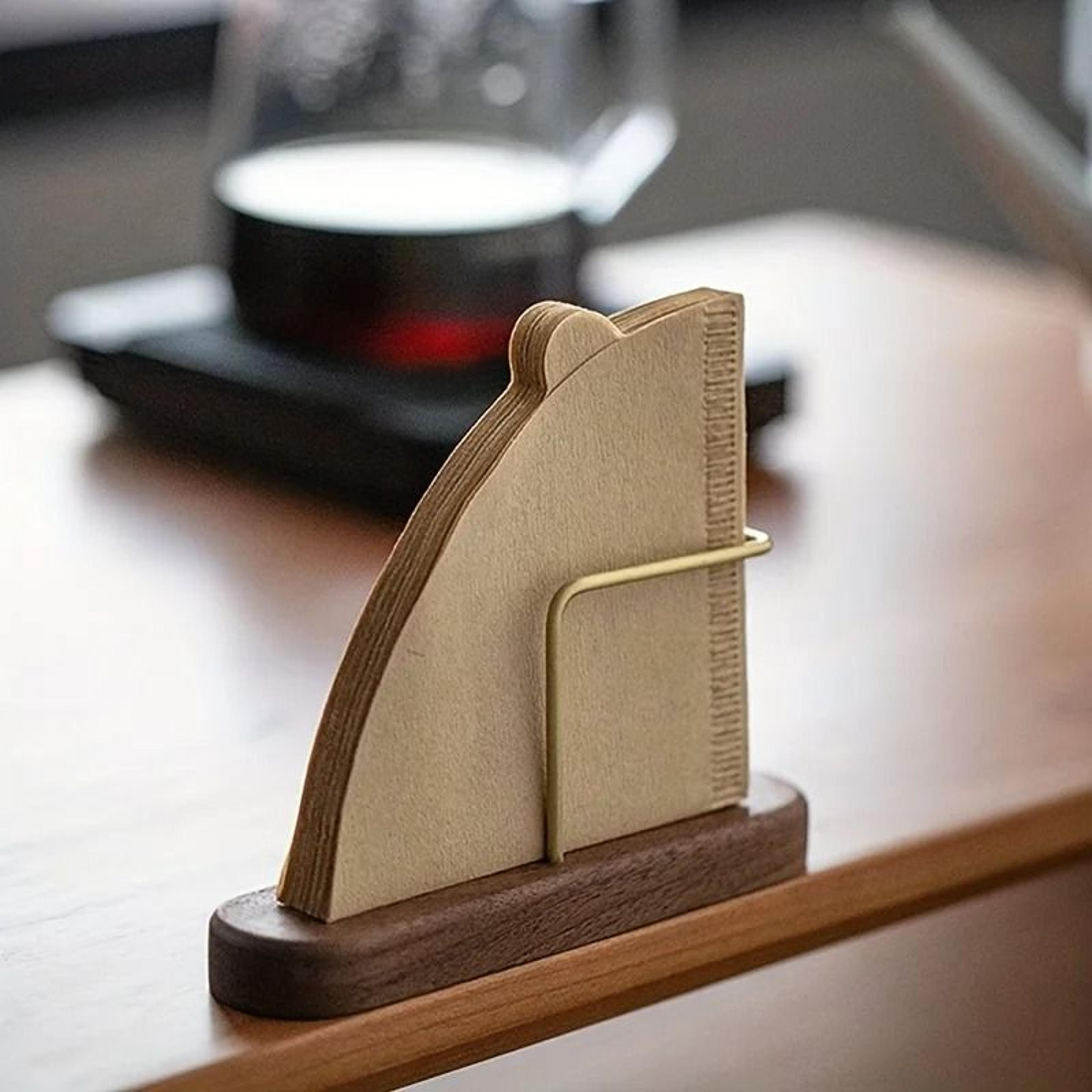 walnut & brass coffee filter holder – premium v60 paper storage stand