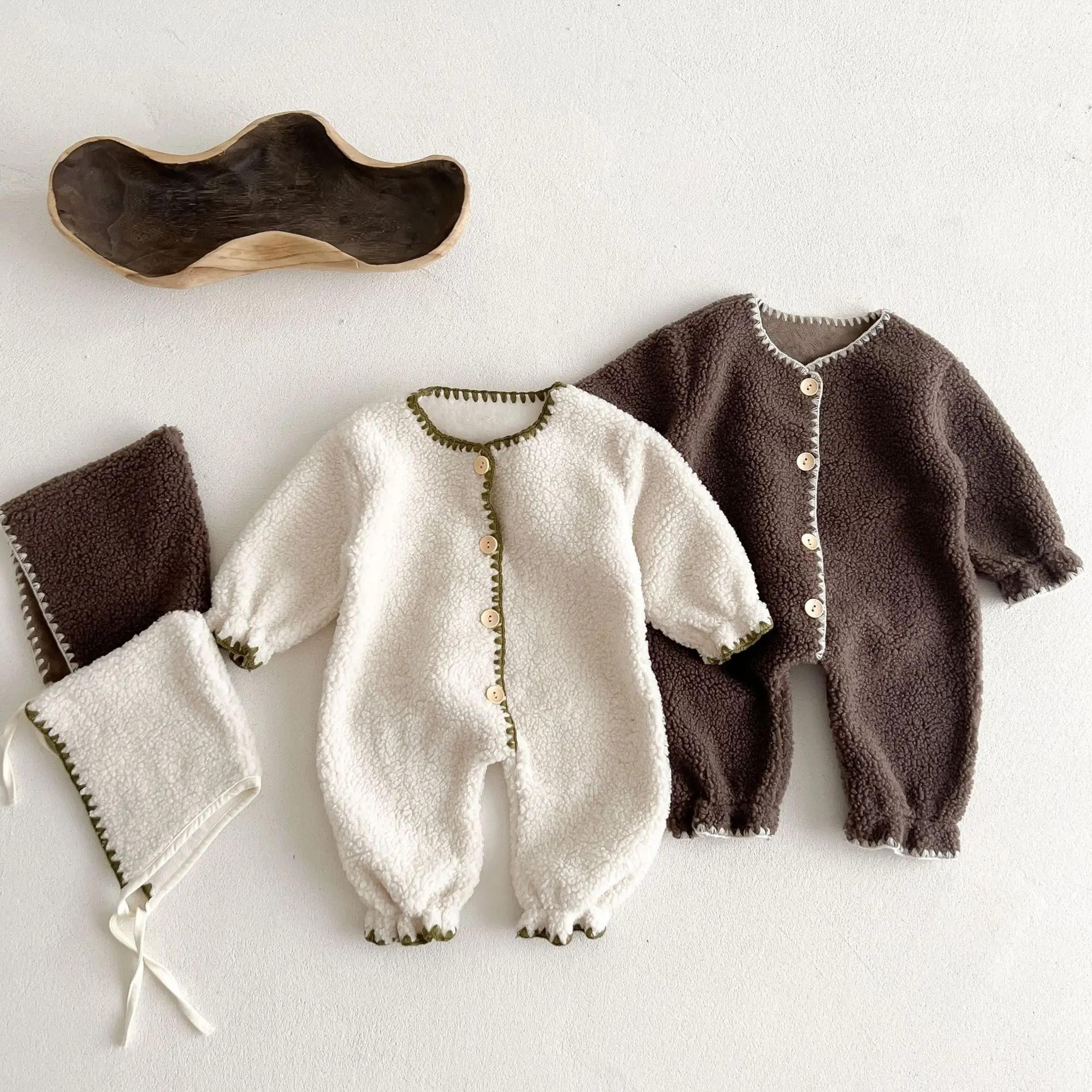 winter shell-stitch fleece-lined baby romper