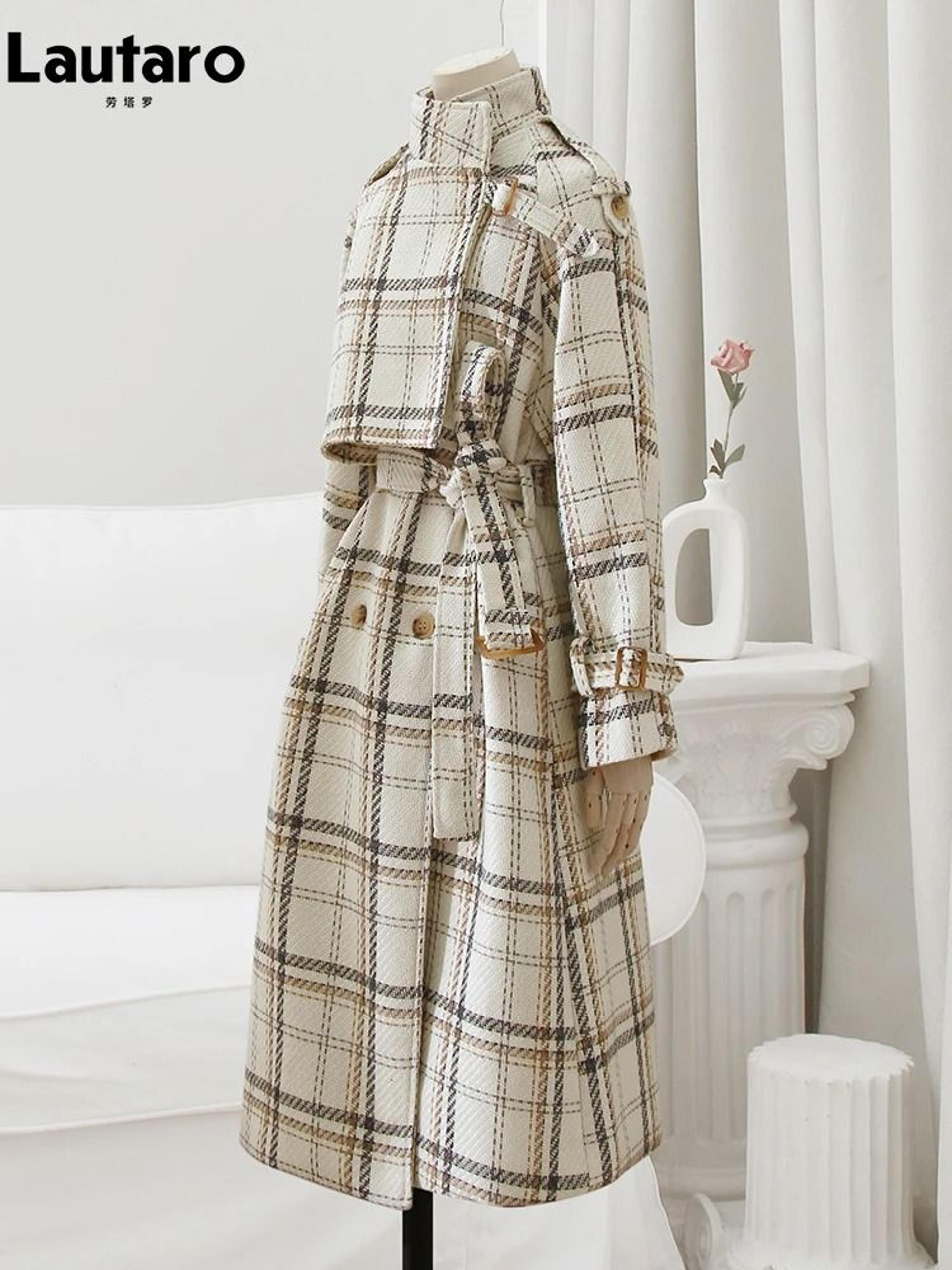 autumn winter long plaid wool blend trench coat