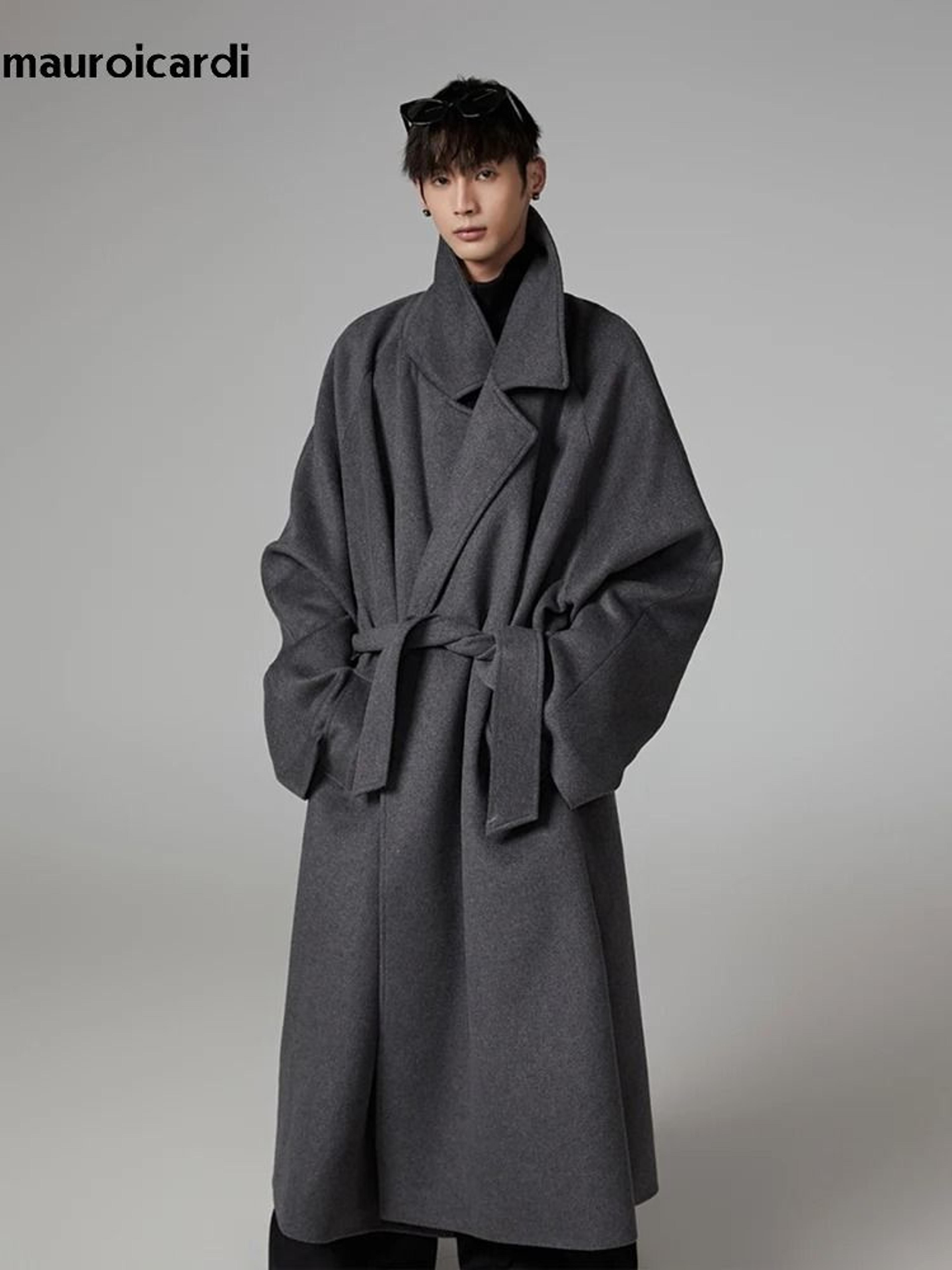 executive oversized extra long gray wool blend overcoat