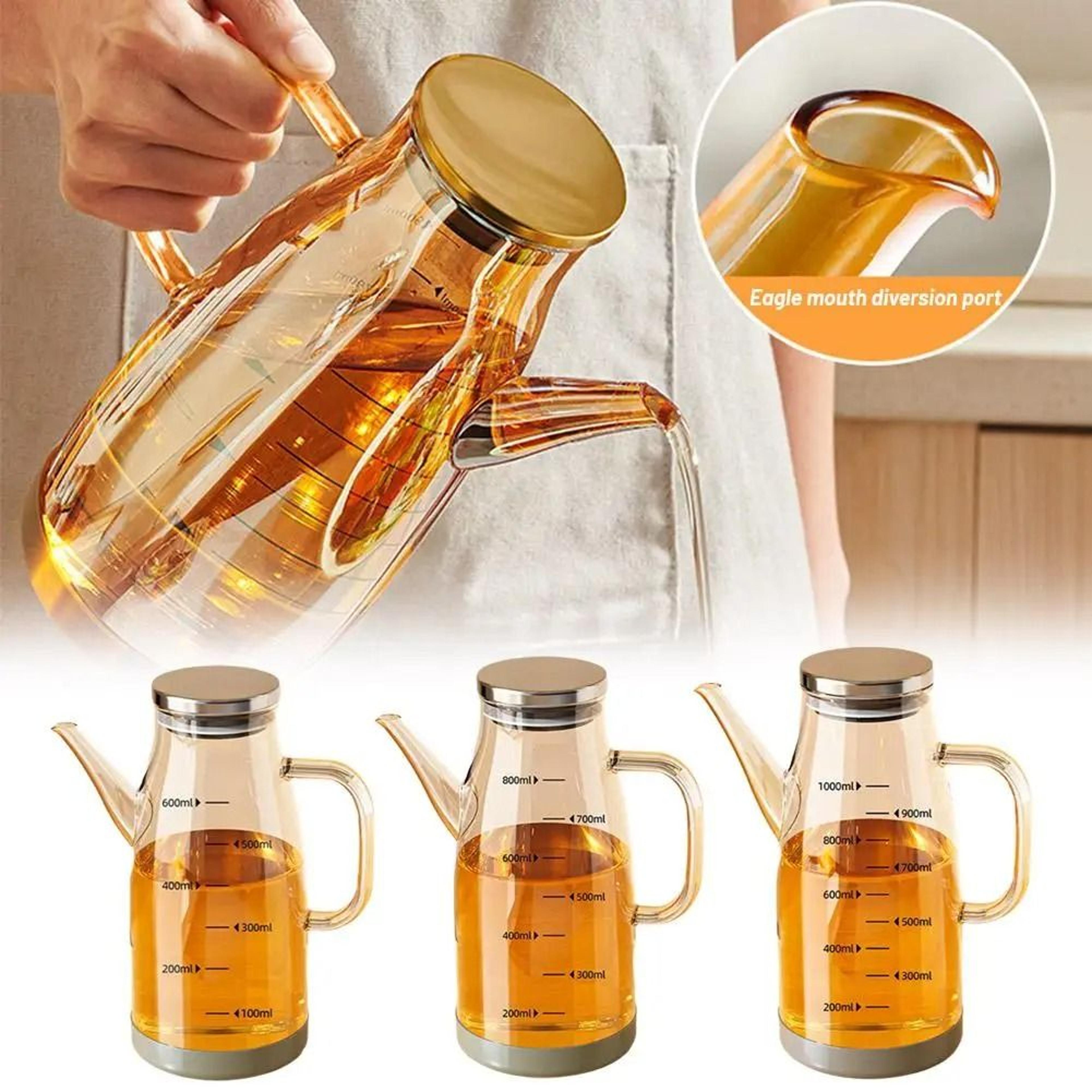 high-capacity glass oil dispenser with stainless steel lid