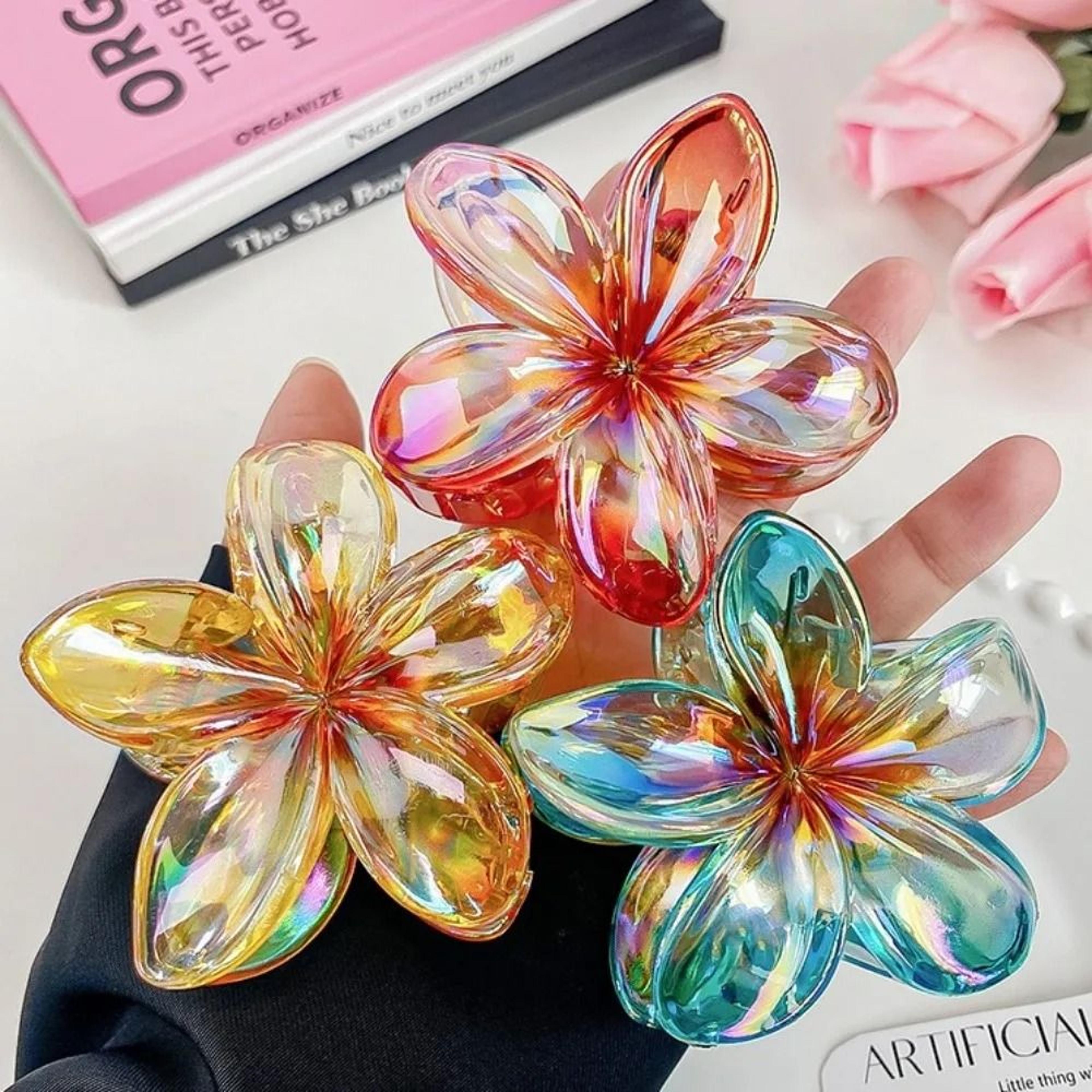 tropical bohemia egg flower hair claw and vibrant floral shark clip
