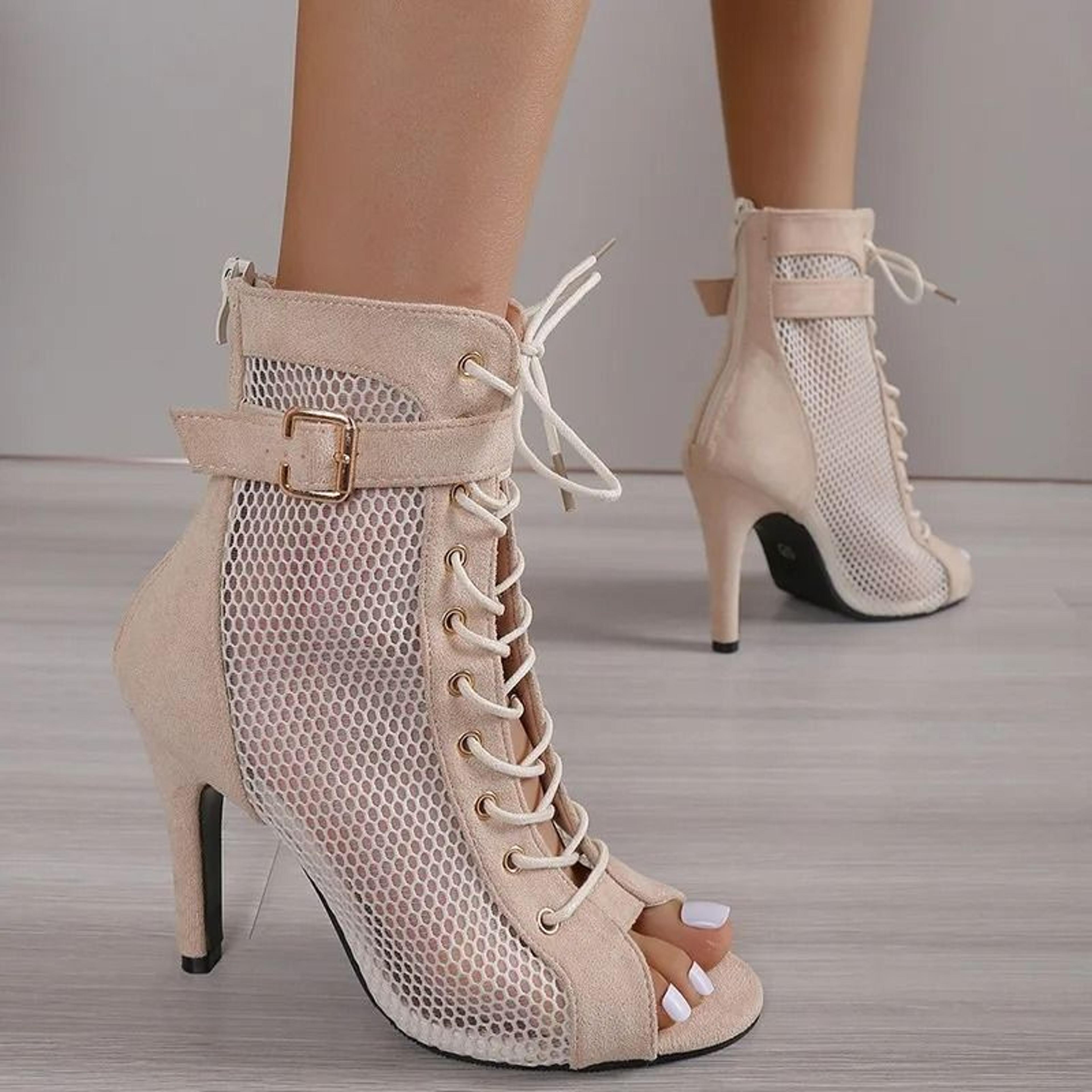 fashion show mesh lace-up sandals – sexy net fabric cross-strap high heels