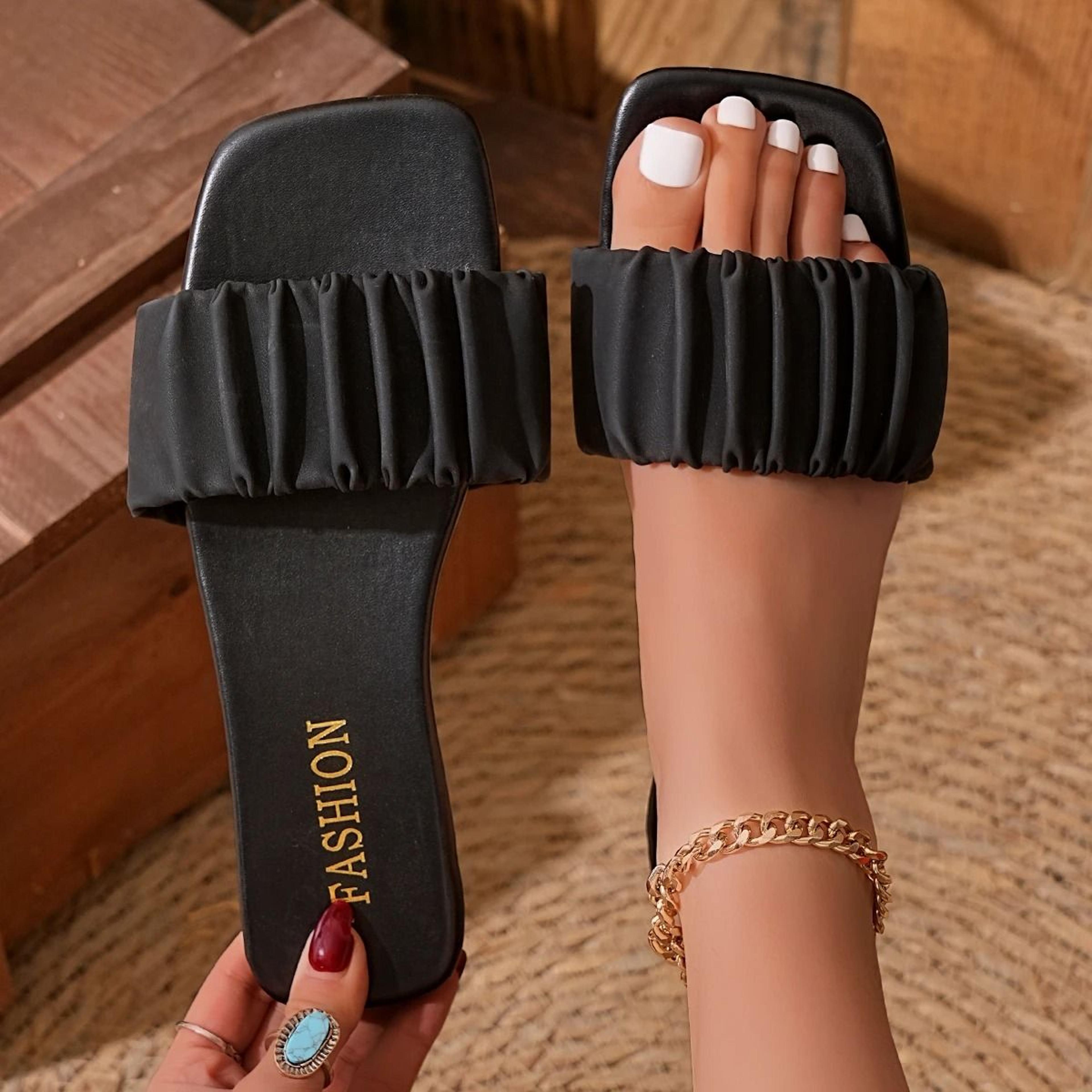 simple pleated summer slippers – casual square-toe beach flip-flops