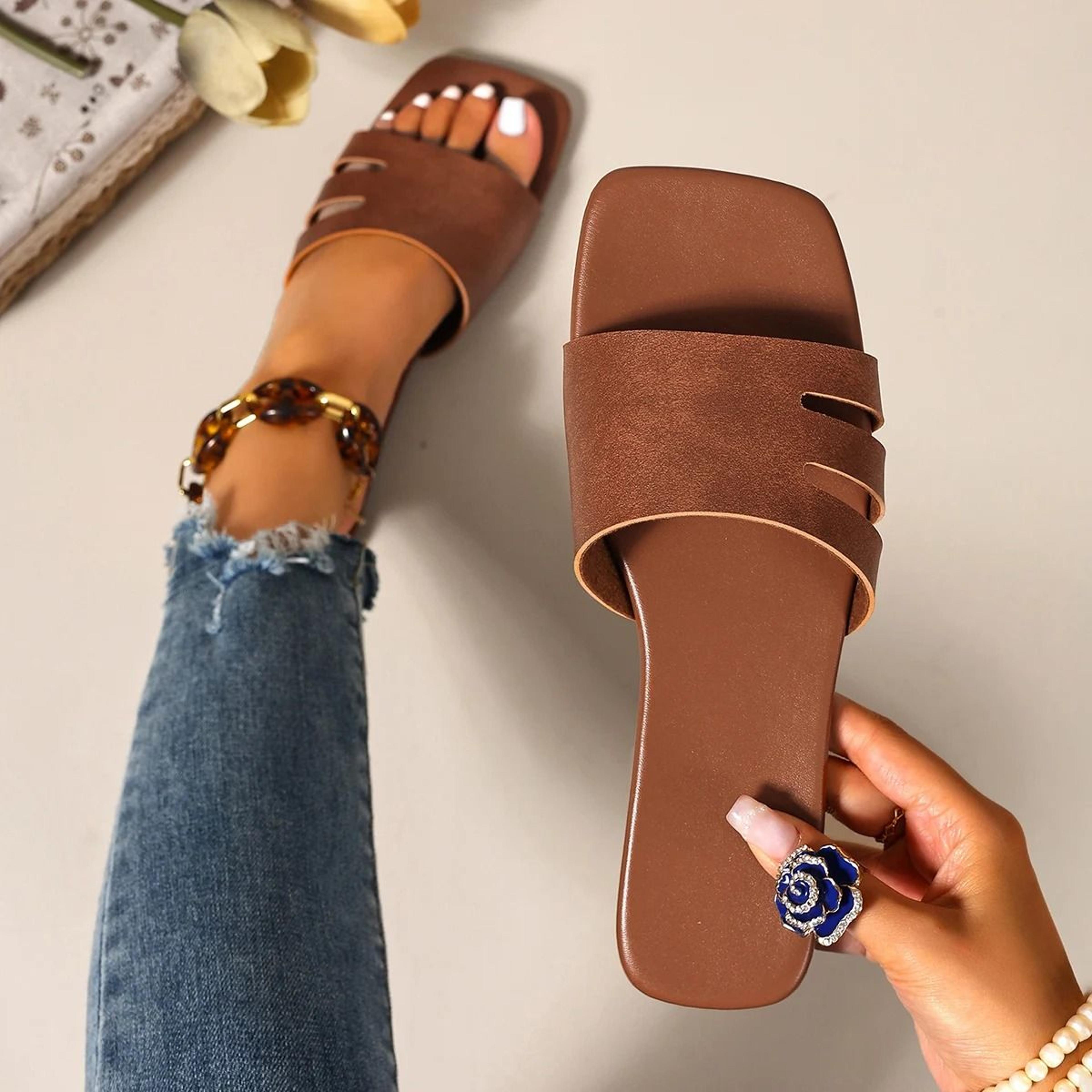 modern square-toe slide sandals – lightweight solid color summer flats