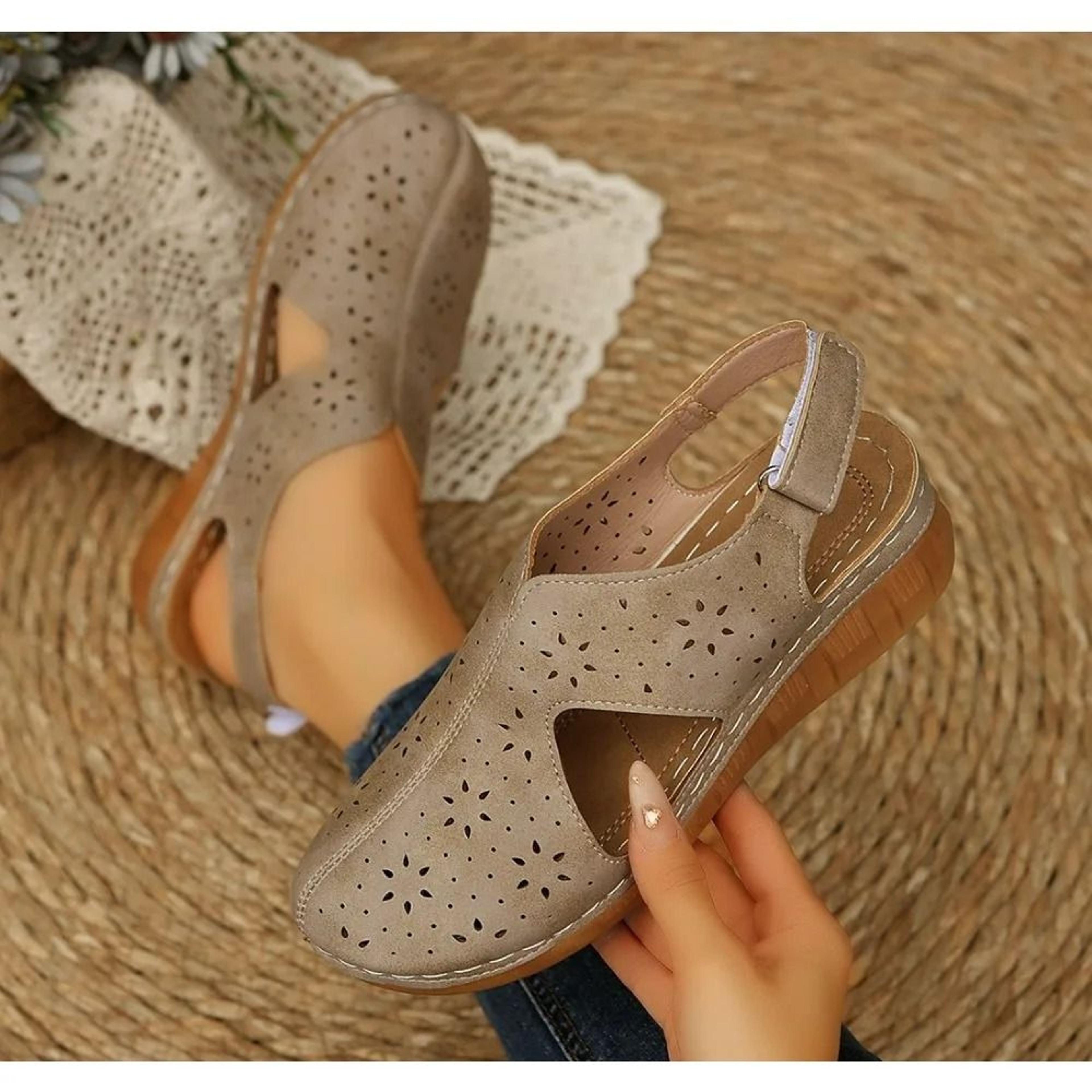 breathable hollow-out roman sandals – comfortable fish-mouth slip-ons with magic tape