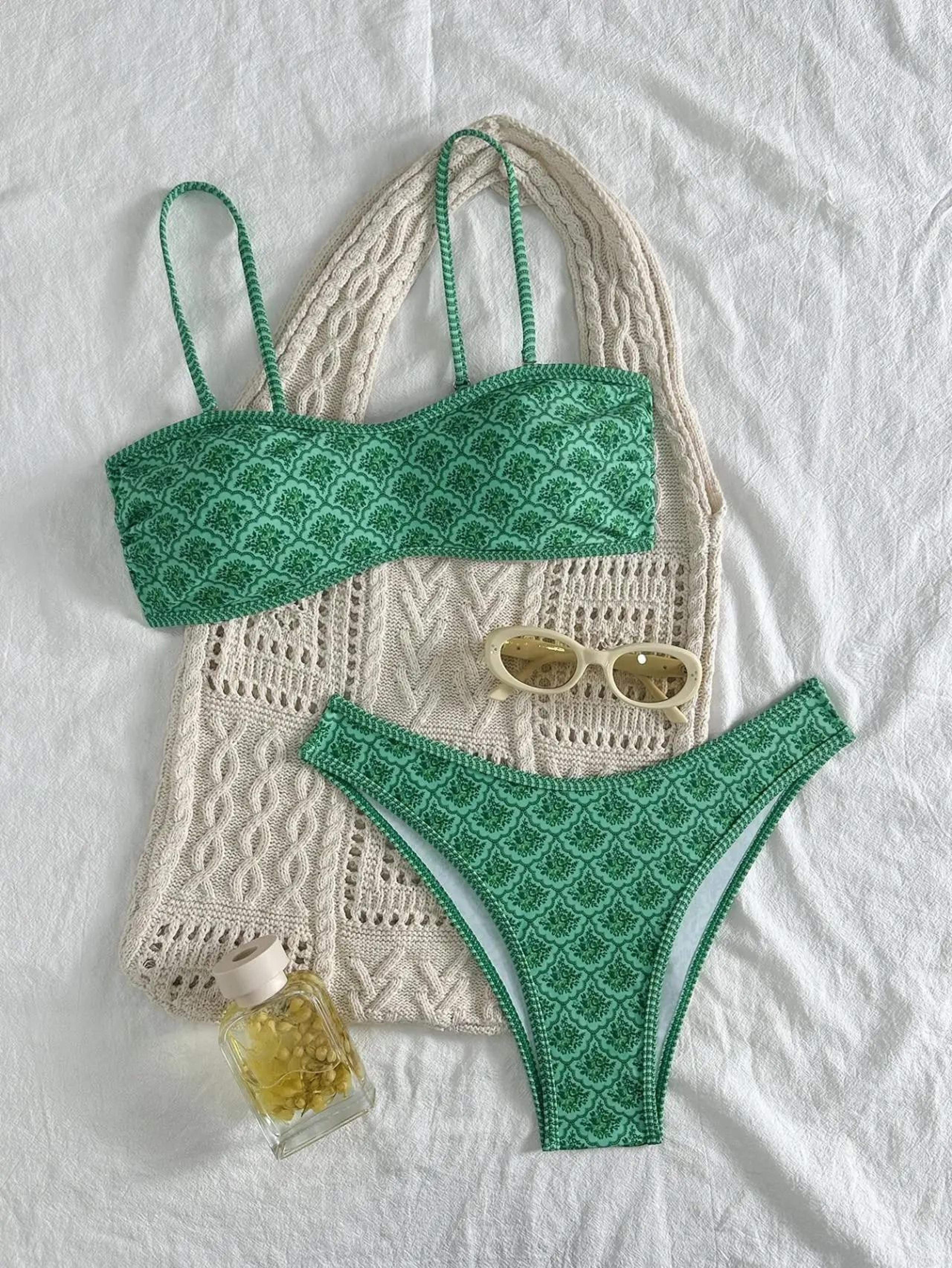green floral pleated bandeau bikini – push-up padded thong swimwear
