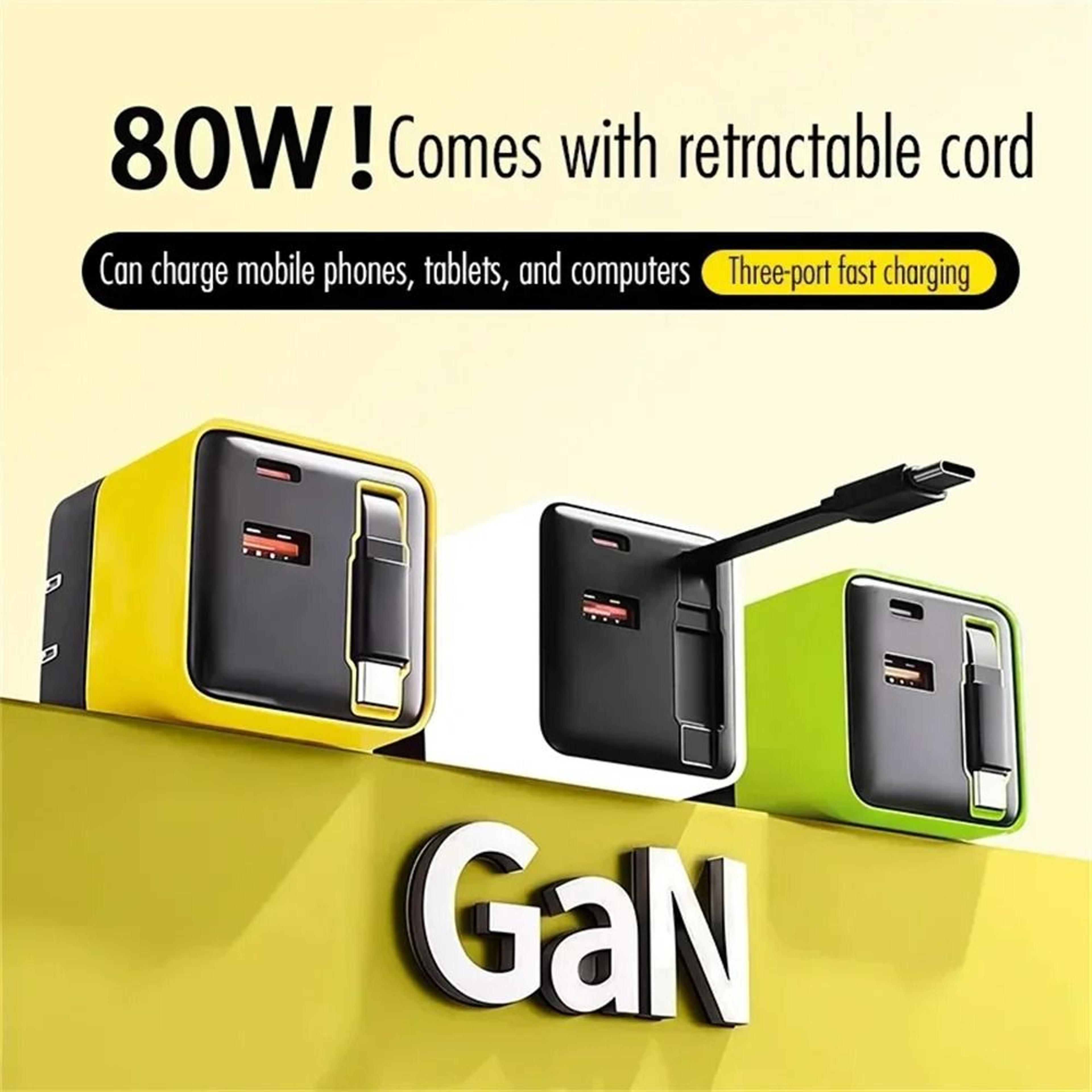 retractable 80w gan fast charger with built-in usb-c cable & multi-device adapter