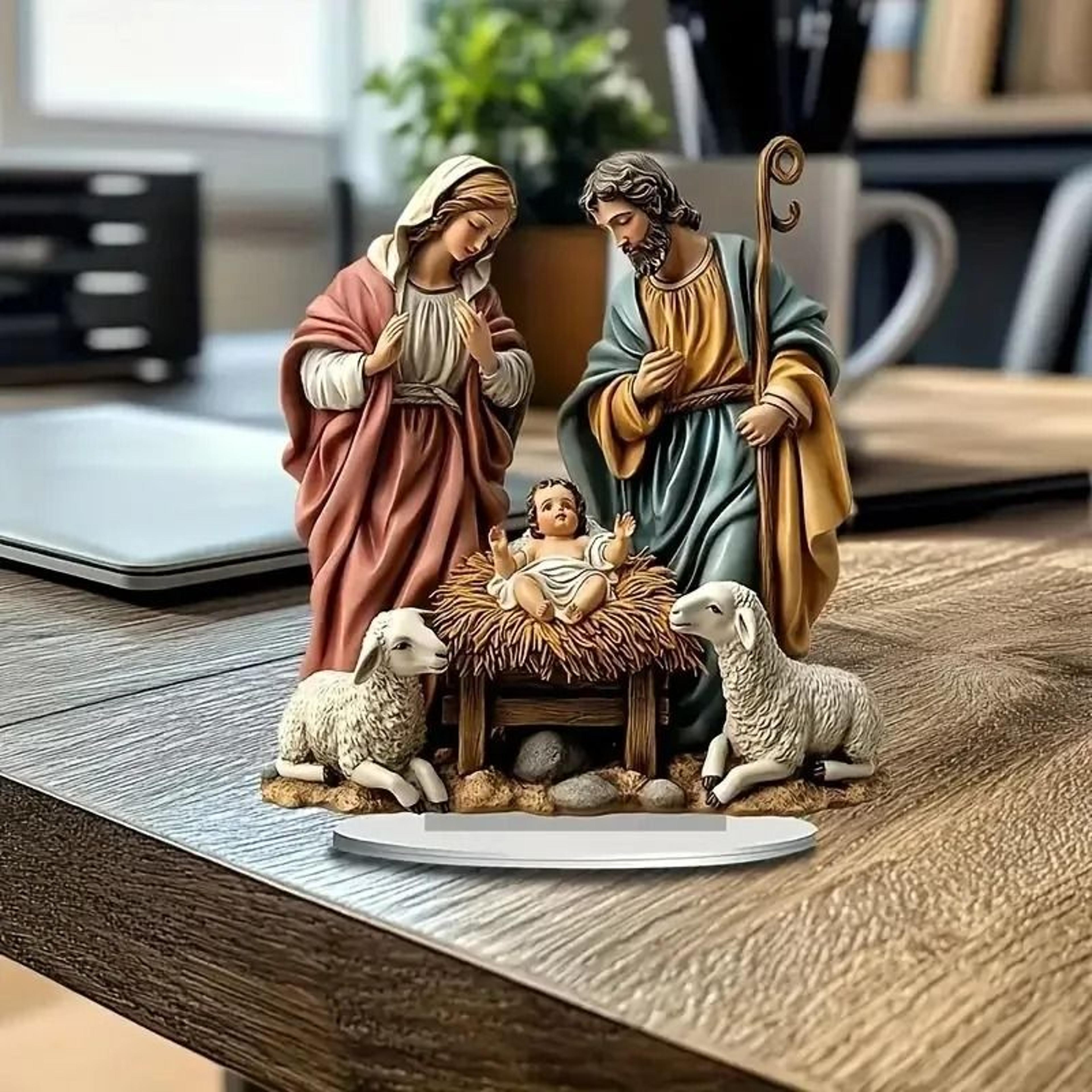 transparent nativity scene ornament – glossy acrylic xmas centerpiece for modern christian decoration