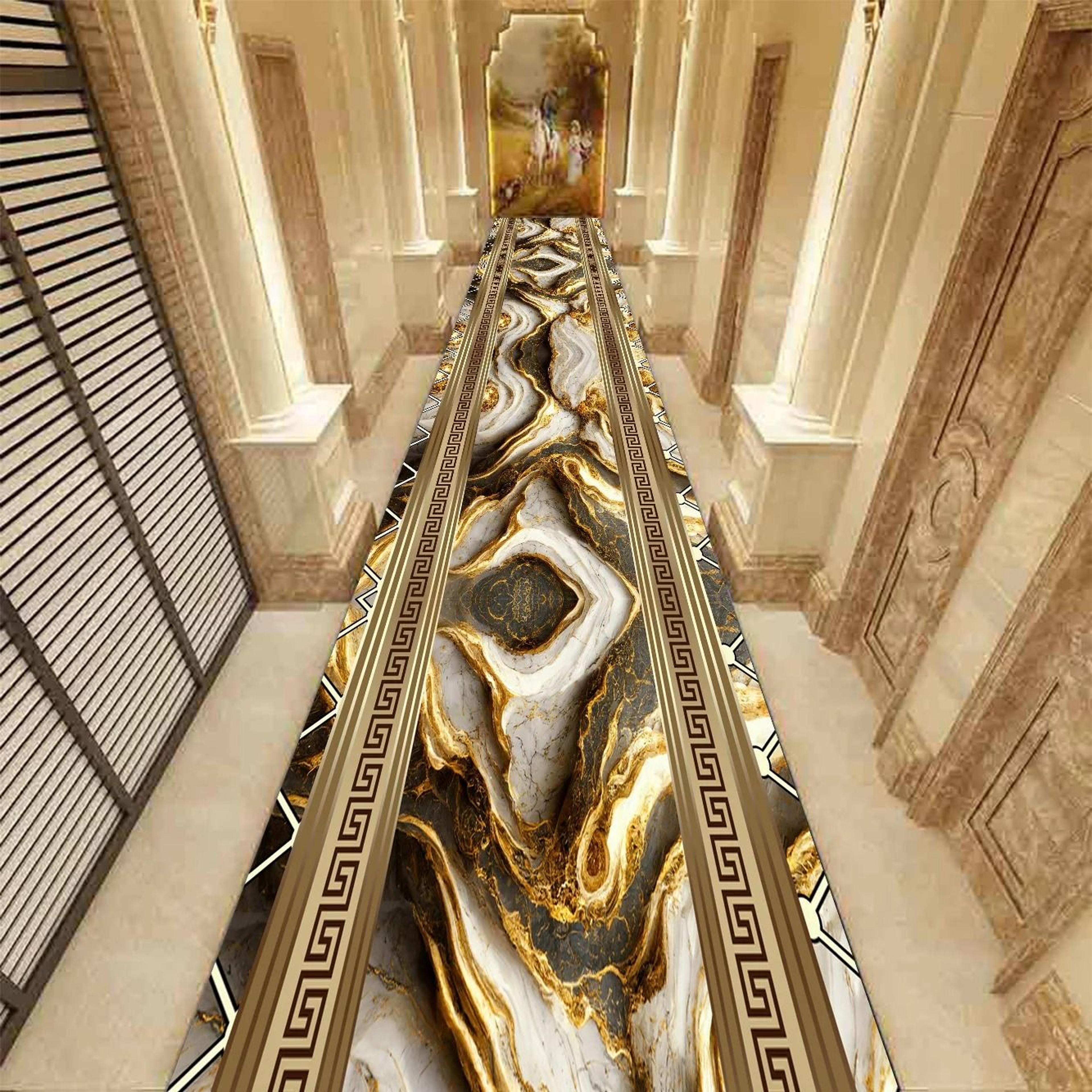 golden abstract marble corridor runner – luxury non-slip passageway carpet & custom stairway rug