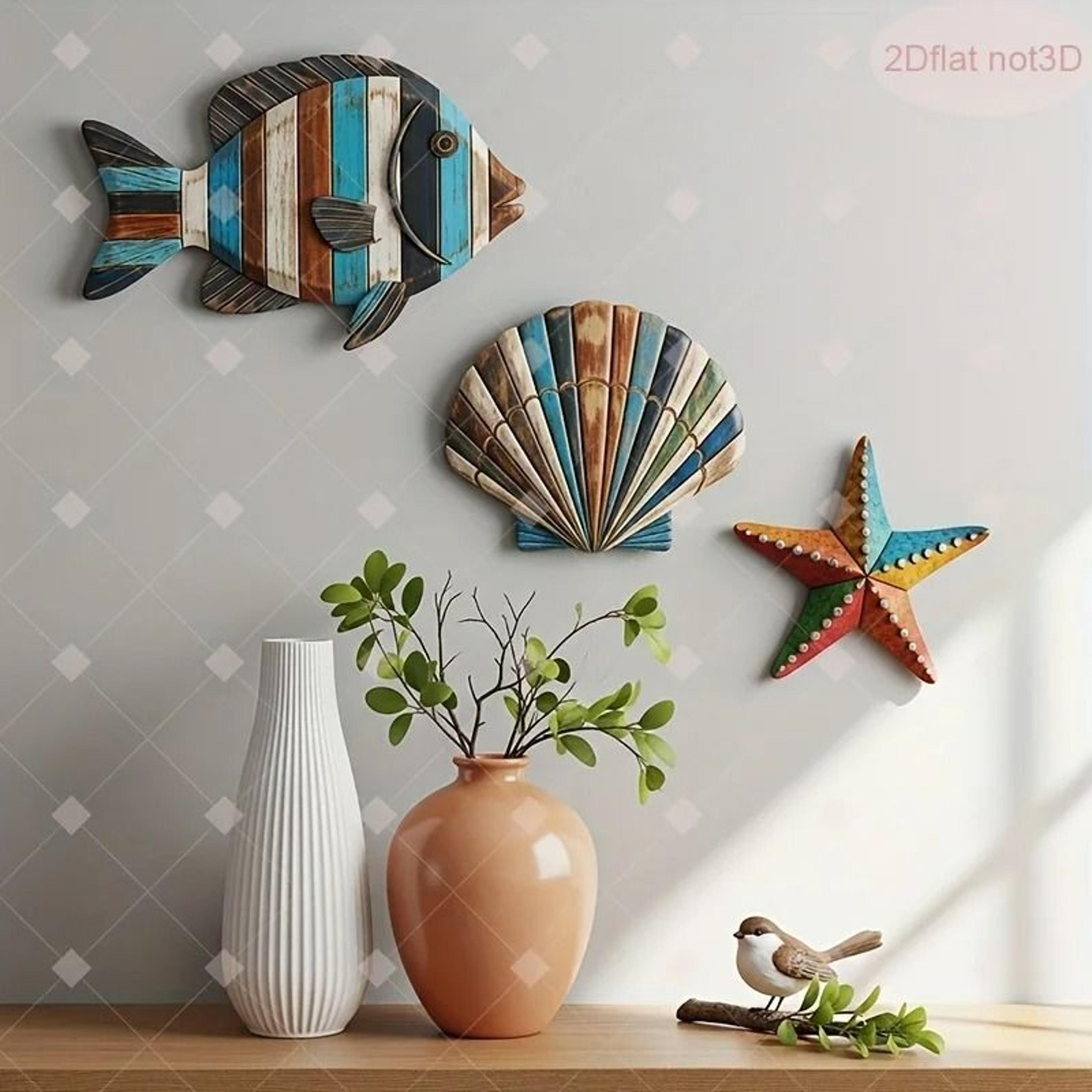 colorful ocean wooden art set – farmhouse sea fish, shell & starfish wall decor for coastal holiday & seasonal gifting