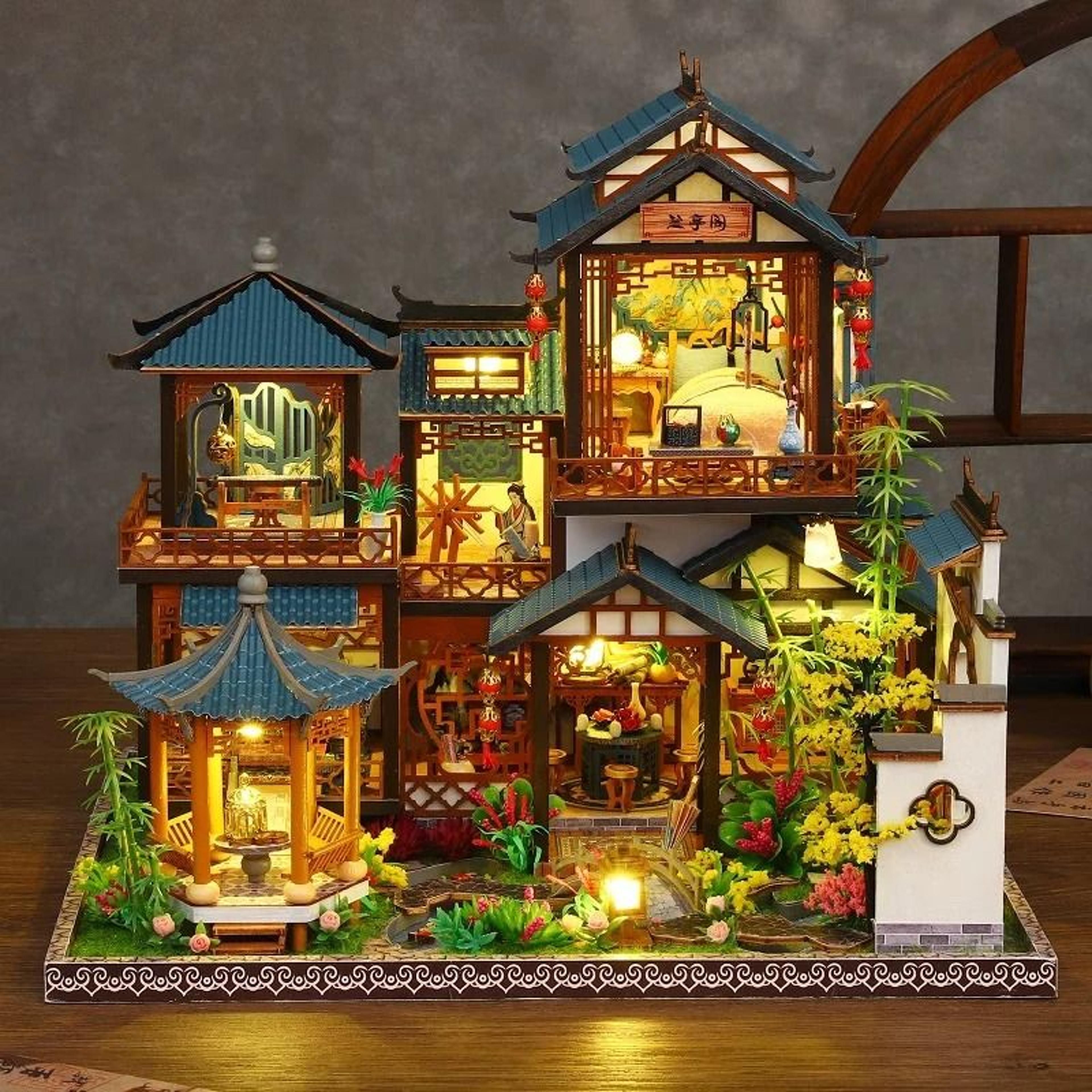 diy elegant orchid pavilion book nook kit – handcrafted 3d miniature model with ancient chinese architecture & led light