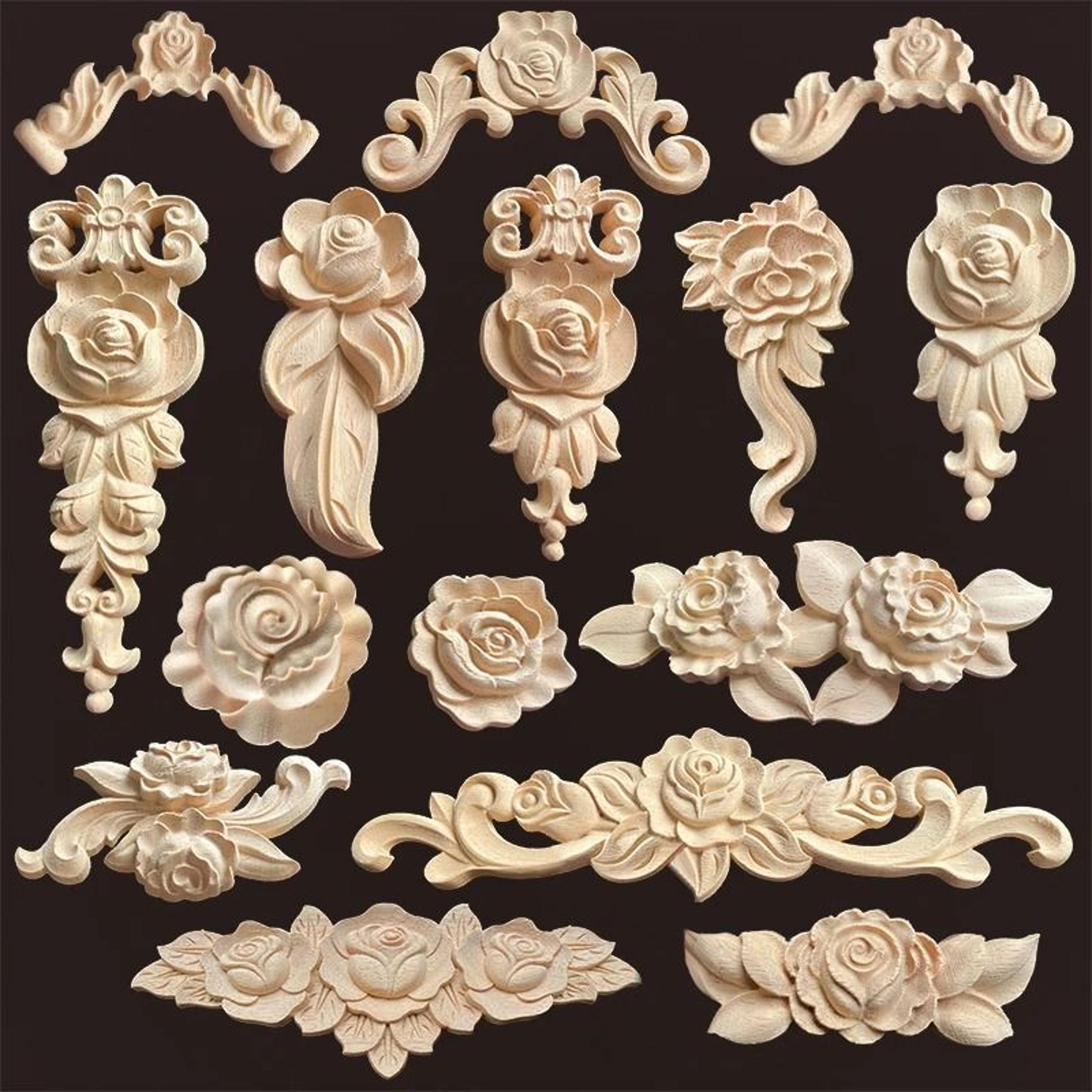 hand-carved wood rose appliques & onlays – antique wood furniture decals & decorative floral crafting elements