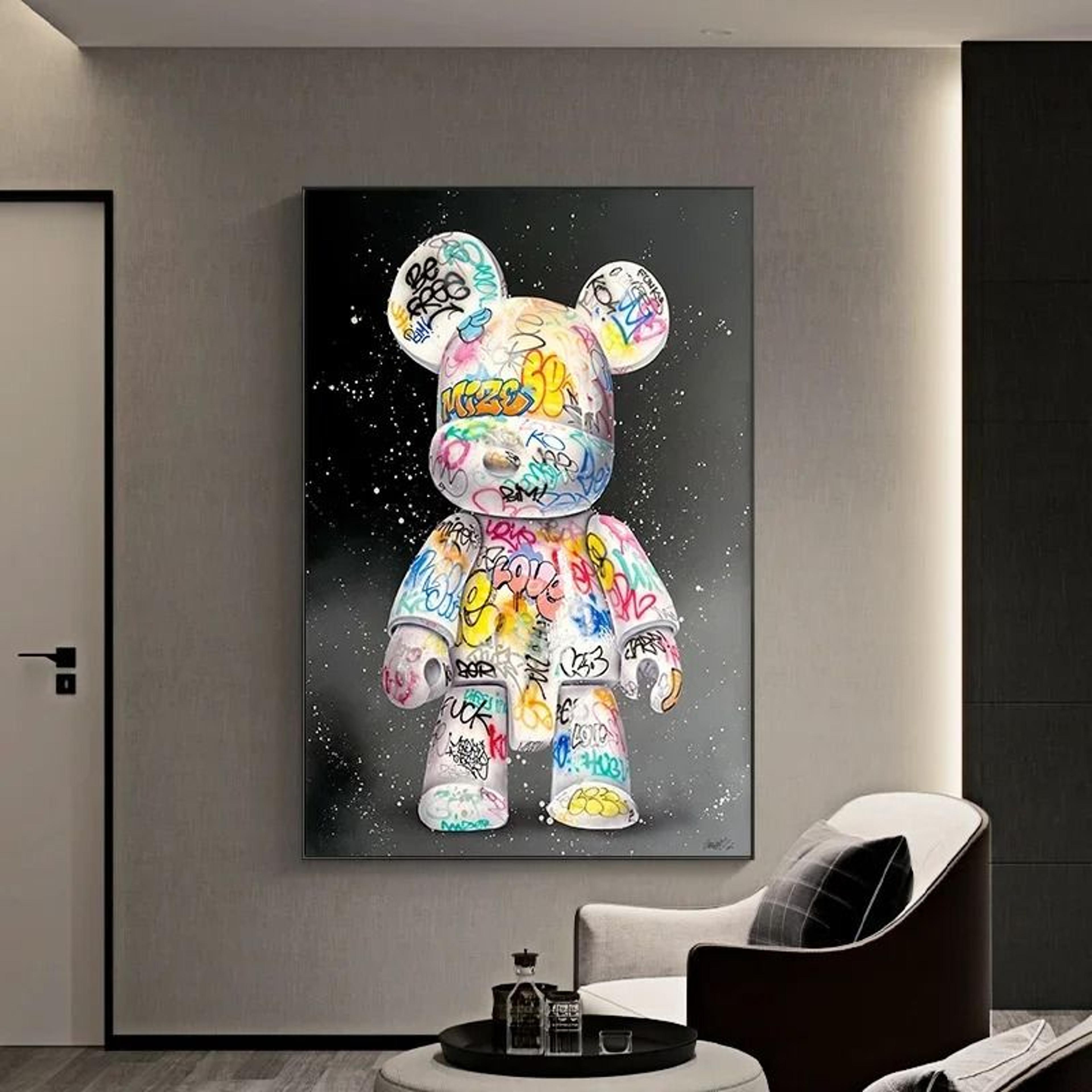 cartoon cute bear graffiti canvas painting – kawaii pop art street wall art for modern room decoration